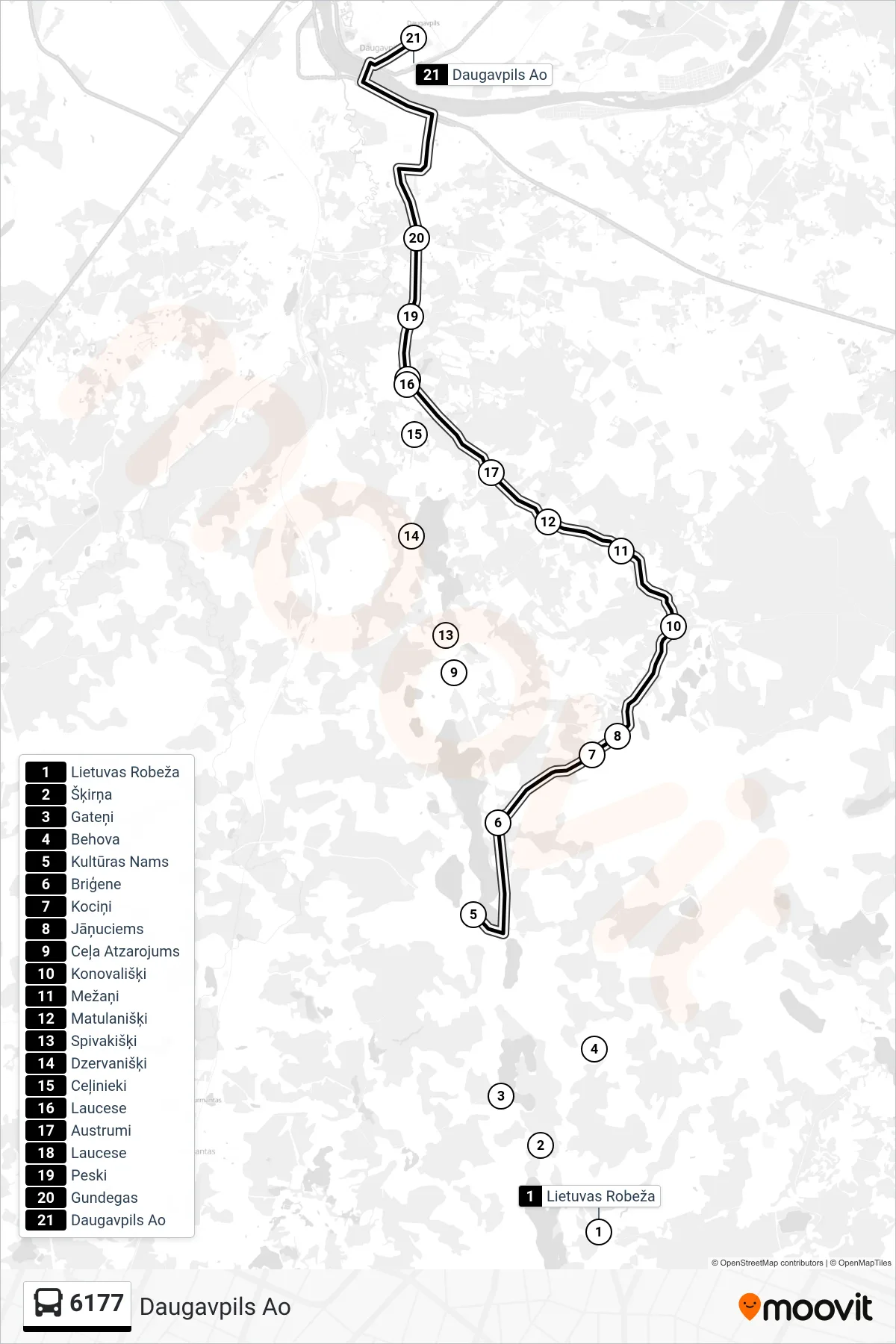 6177 bus Line (Daugavpils Ao) route and stops on a map