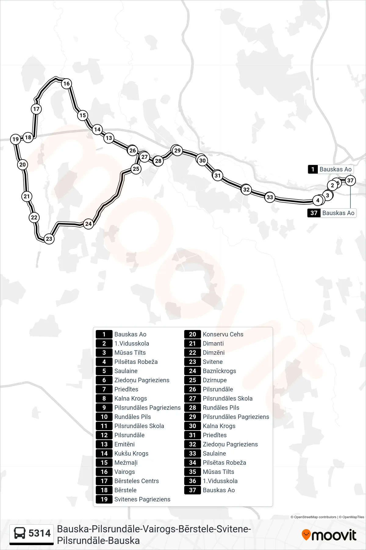 5314 bus Line (Bauskas Ao) route and stops on a map