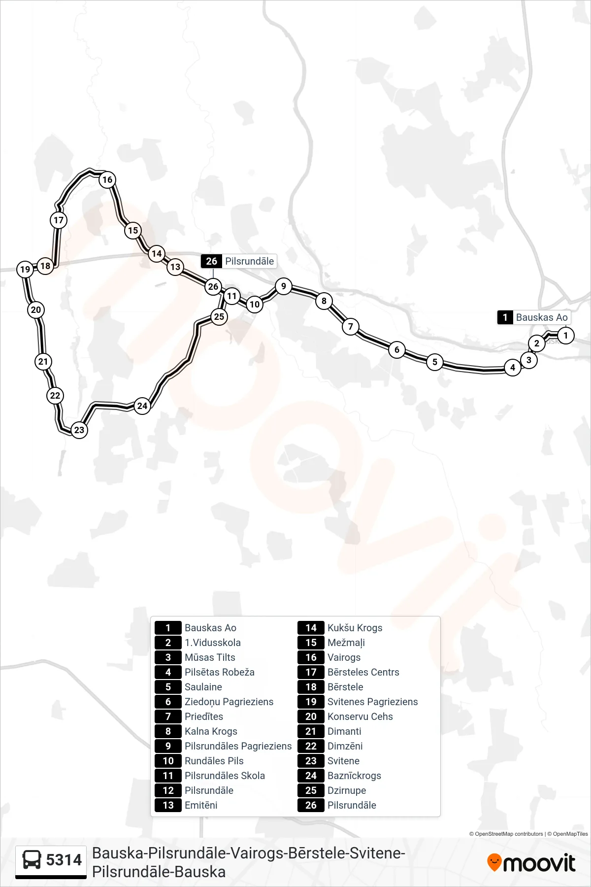 5314 bus Line (Pilsrundāle) route and stops on a map