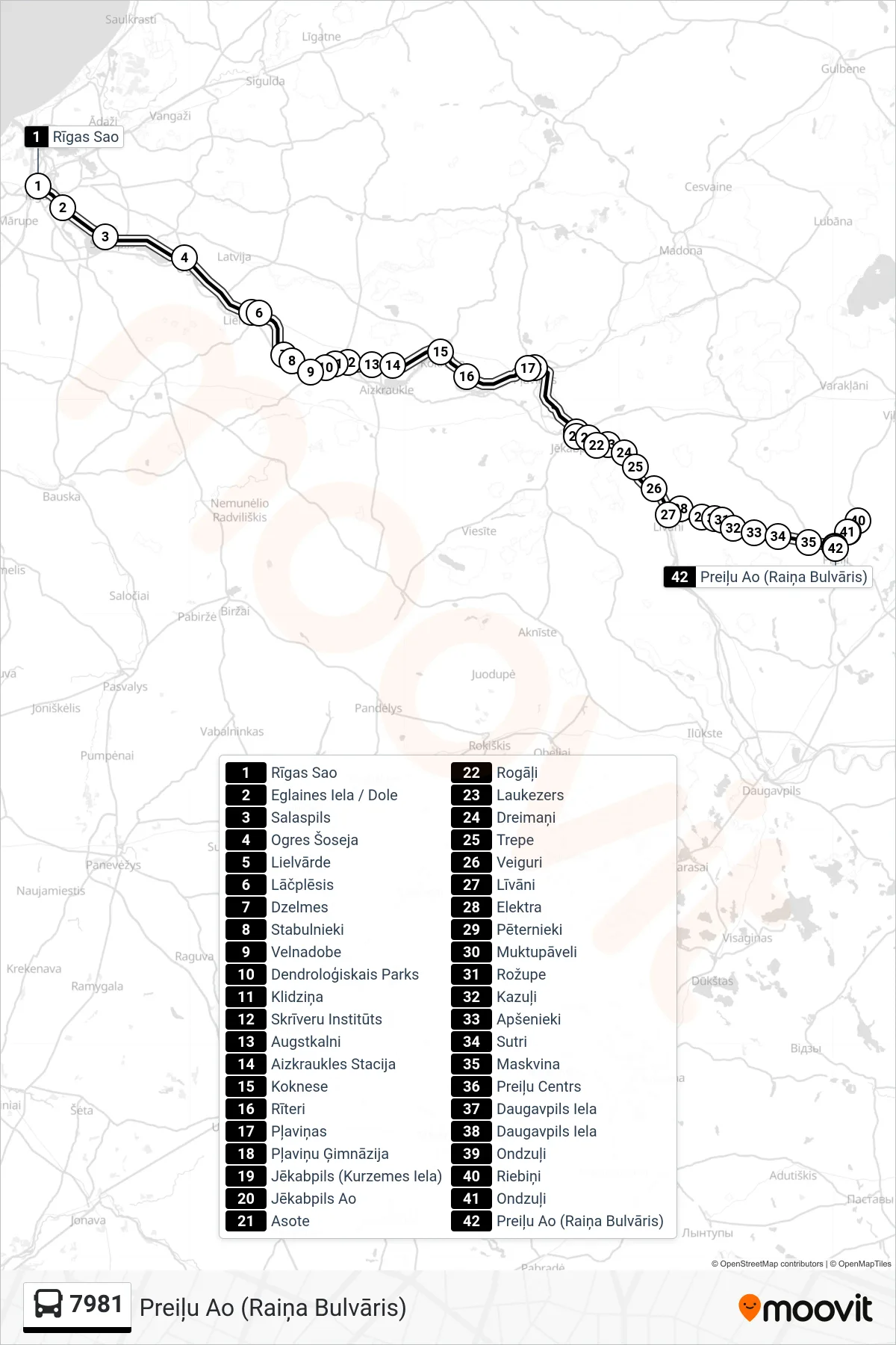 7981 bus Line (Preiļu Ao (Raiņa Bulvāris)) route and stops on a map
