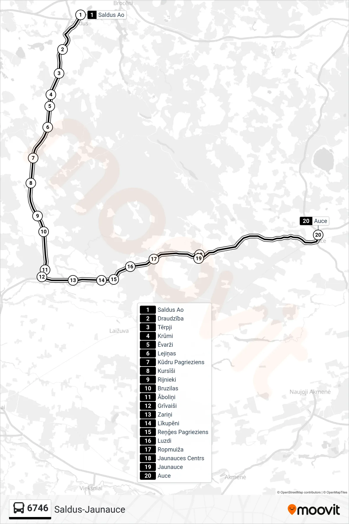 6746 bus Line (Auce) route and stops on a map