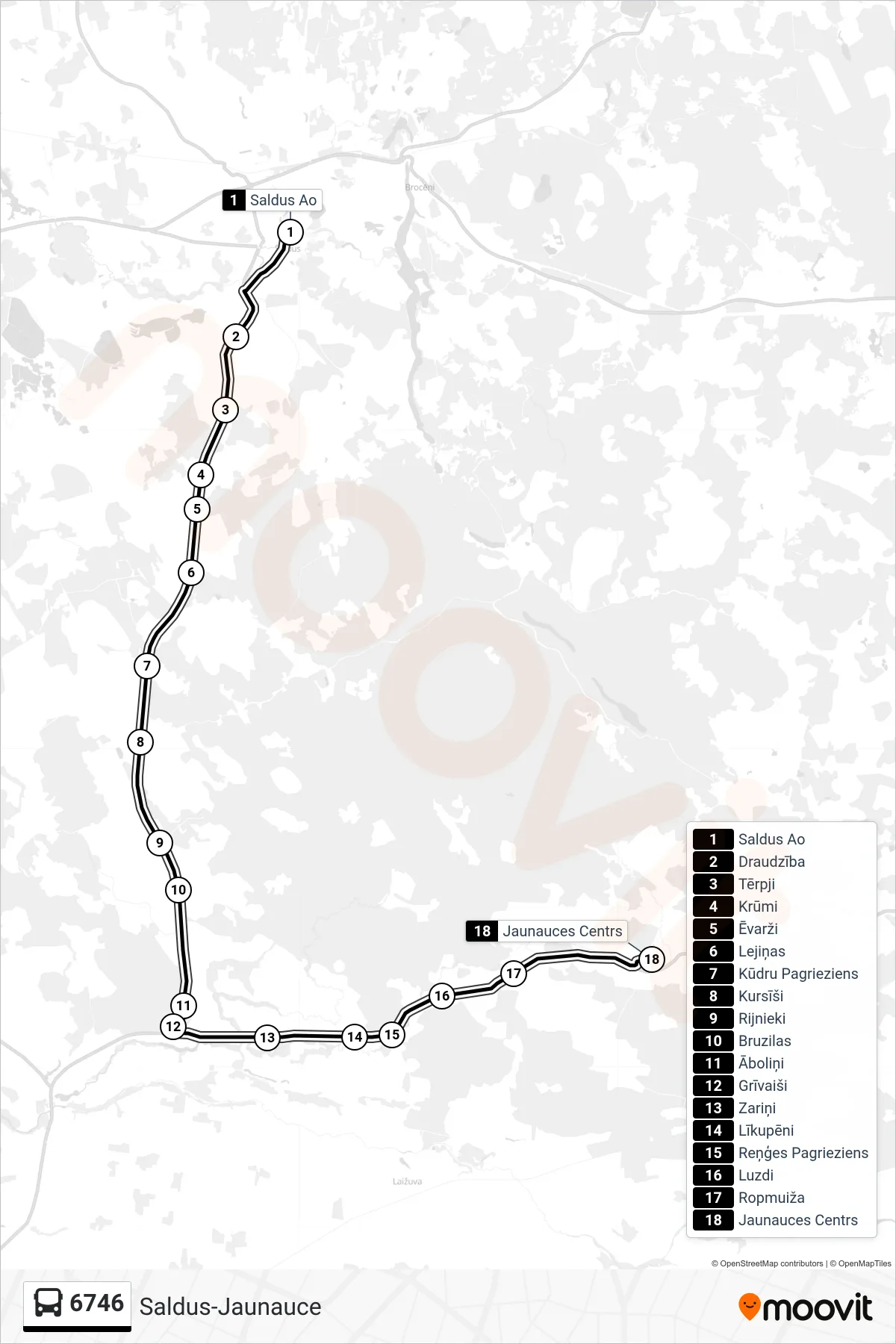 6746 bus Line (Jaunauces Centrs) route and stops on a map