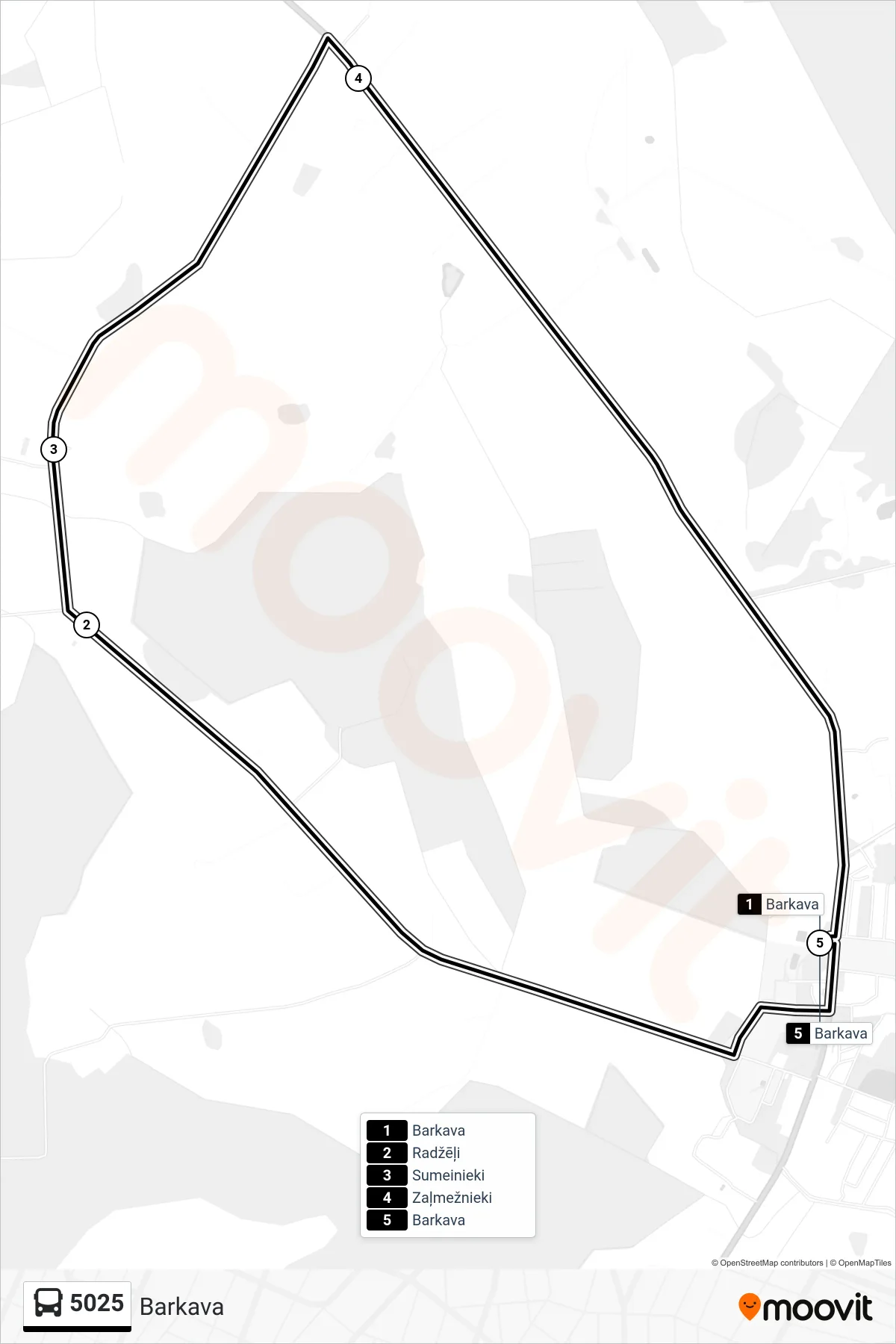 5025 bus Line (Barkava) route and stops on a map