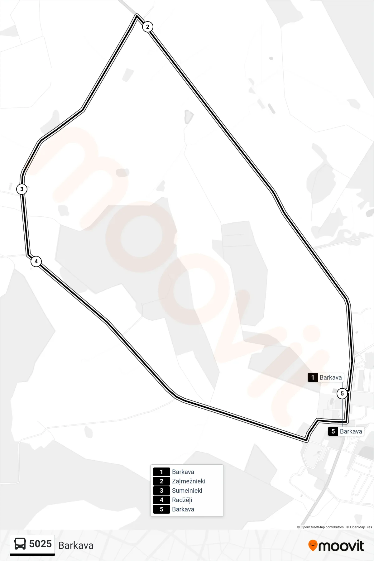 5025 bus Line (Barkava) route and stops on a map