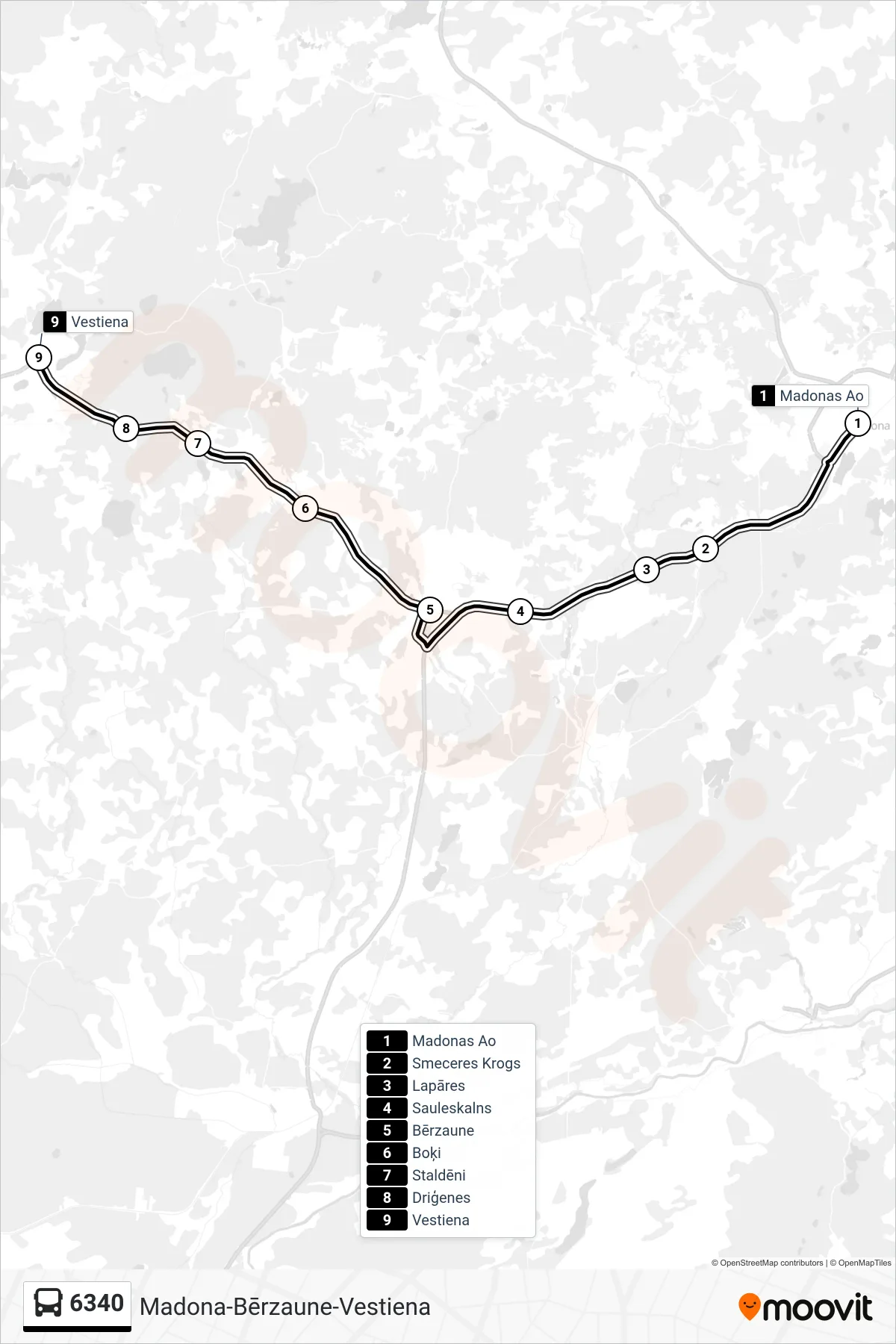 6340 bus Line (Vestiena) route and stops on a map