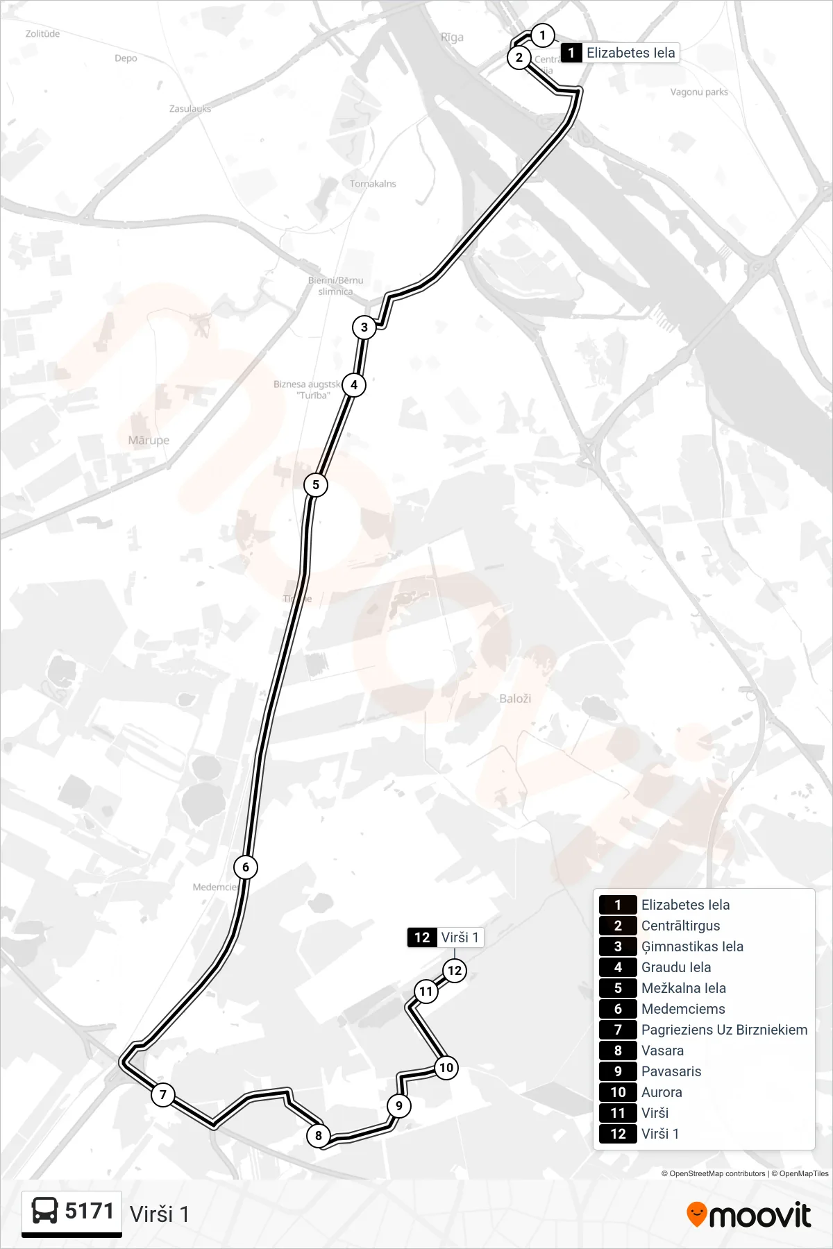 5171 bus Line (Virši 1) route and stops on a map
