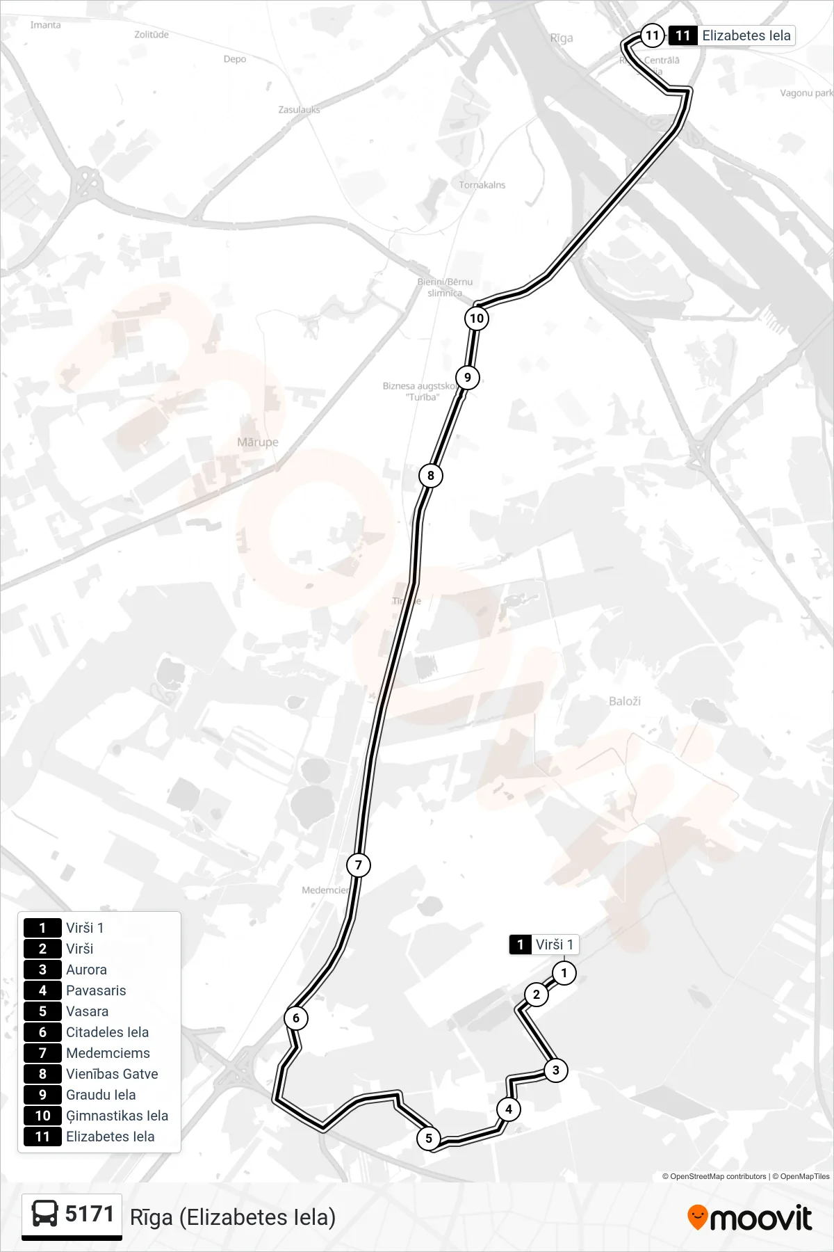 5171 bus Line (Rīga (Elizabetes Iela)) route and stops on a map