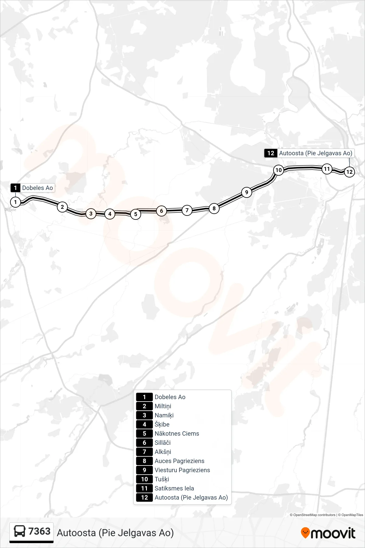 7363 bus Line (Autoosta (Pie Jelgavas Ao)) route and stops on a map