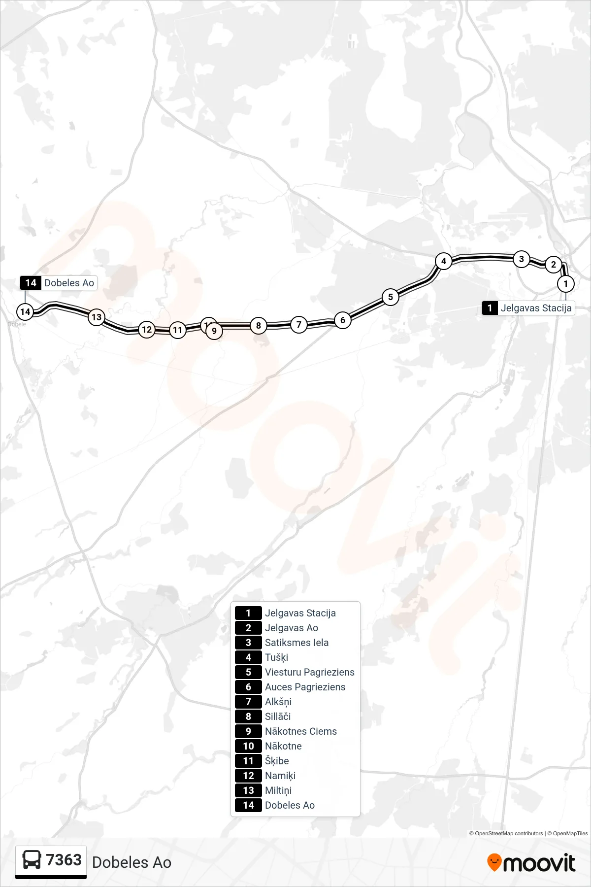 7363 bus Line (Dobeles Ao) route and stops on a map