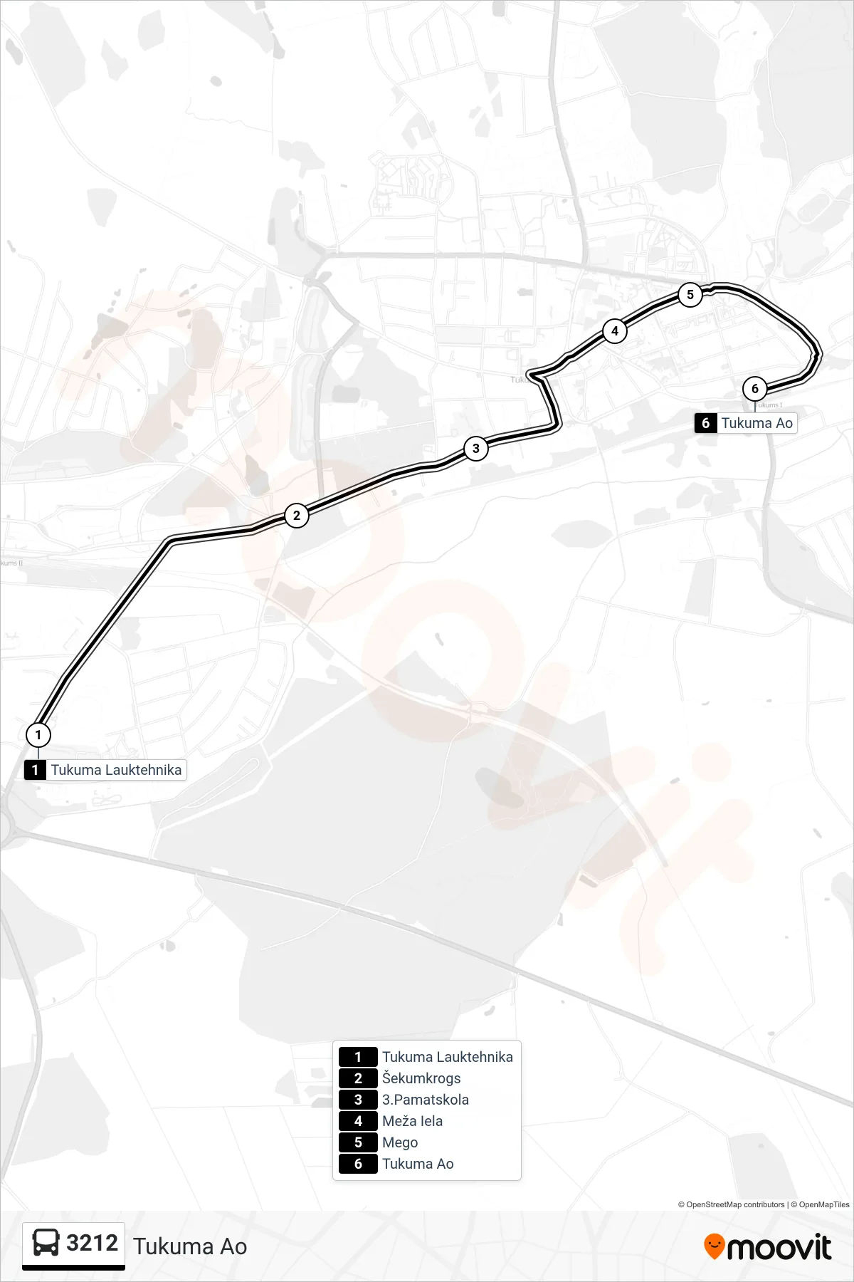 3212 bus Line (Tukuma Ao) route and stops on a map