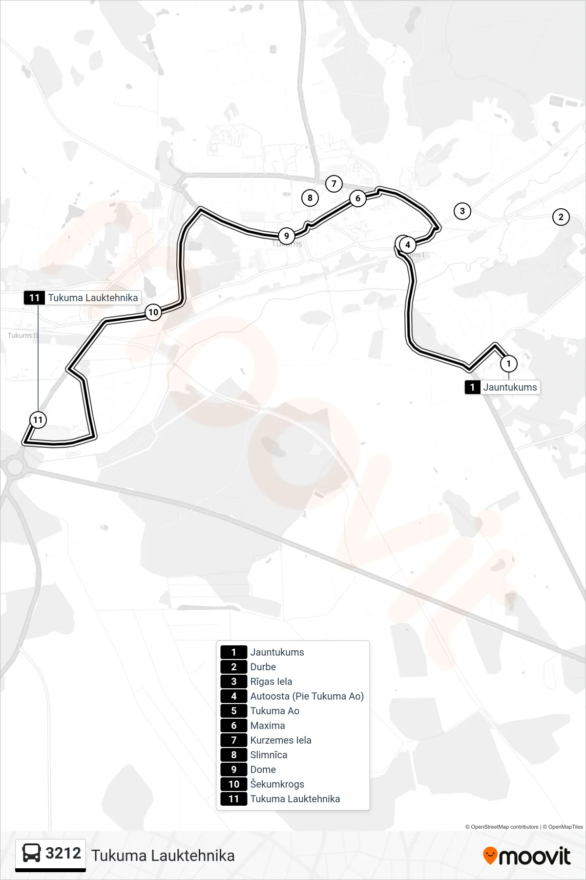 3212 bus Line (Tukuma Lauktehnika) route and stops on a map