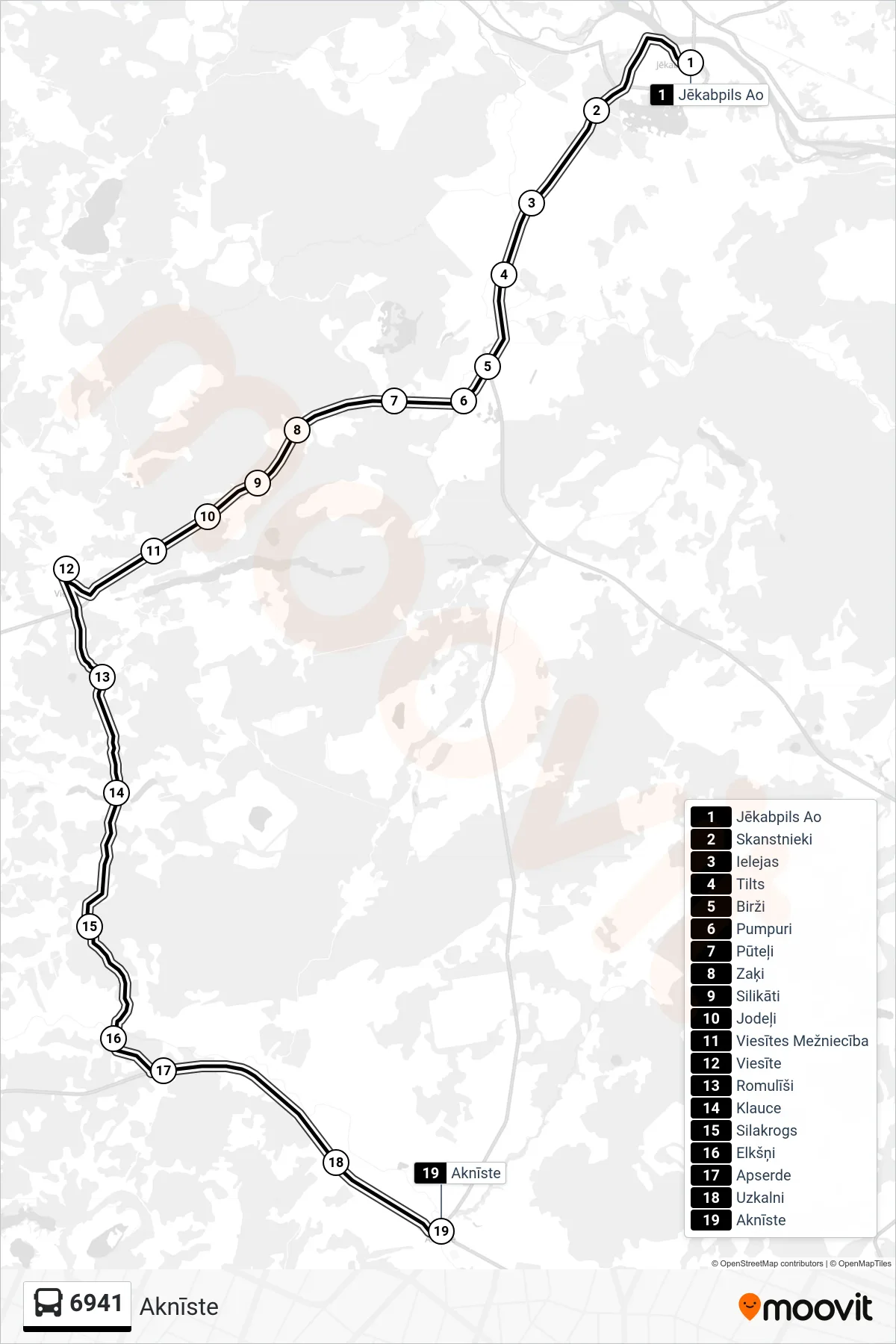 6941 bus Line (Aknīste) route and stops on a map