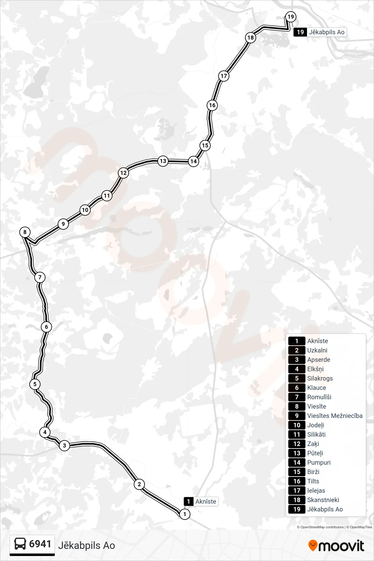 6941 bus Line (Jēkabpils Ao) route and stops on a map