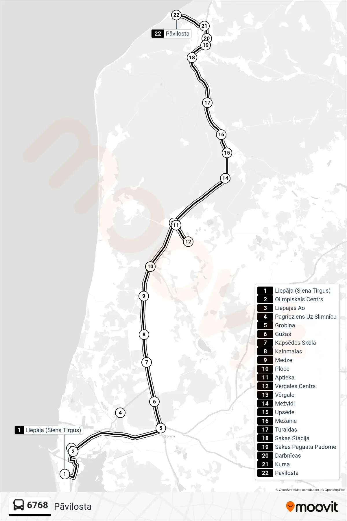 6768 bus Line (Pāvilosta) route and stops on a map
