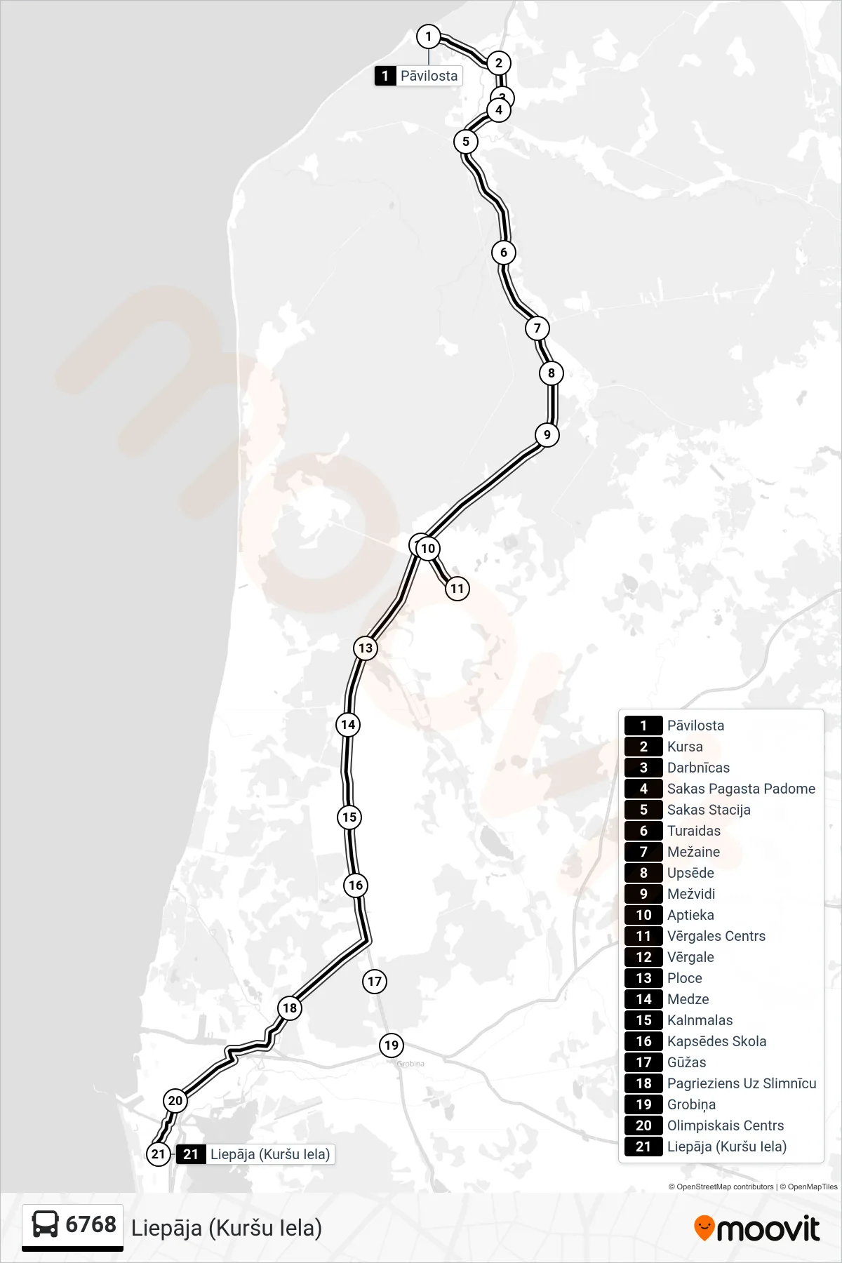 6768 bus Line (Liepāja (Kuršu Iela)) route and stops on a map