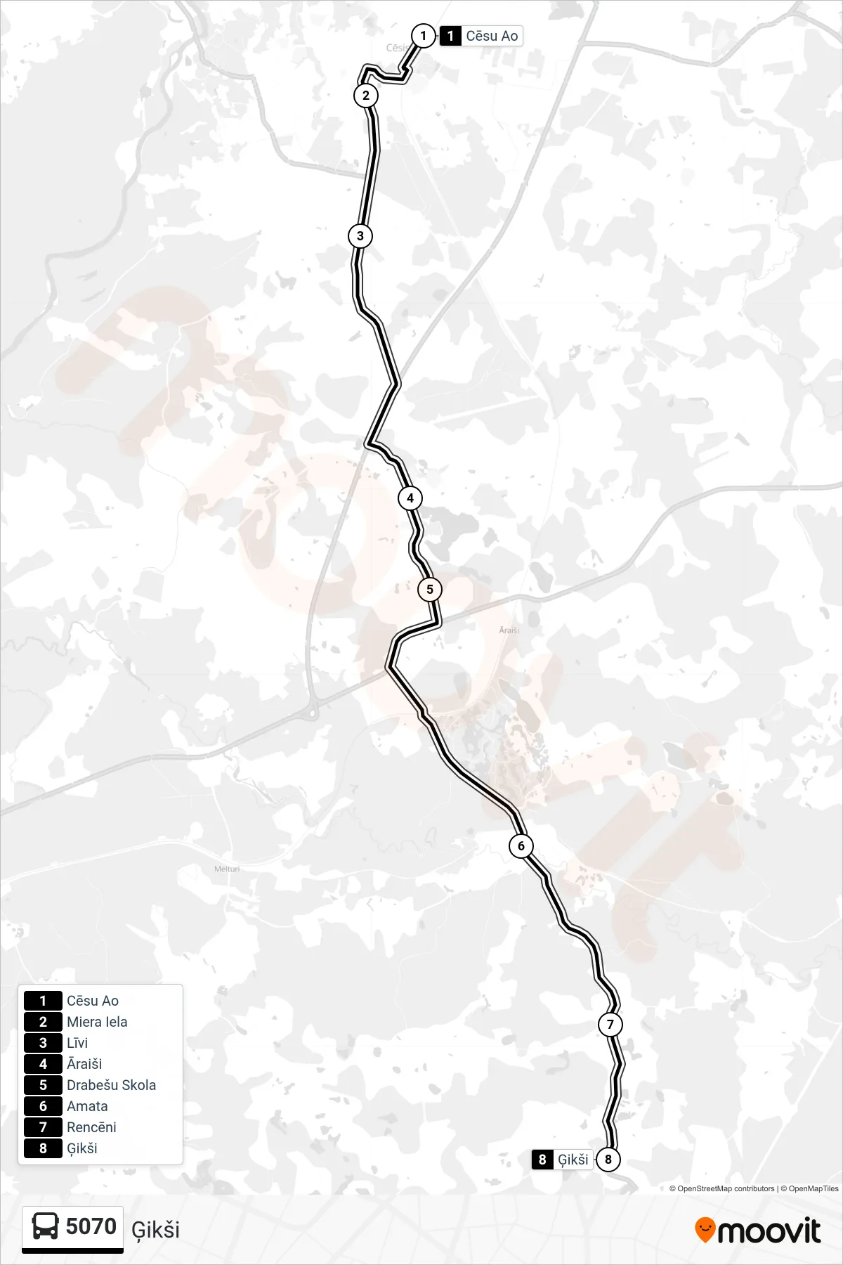 5070 bus Line (Ģikši) route and stops on a map