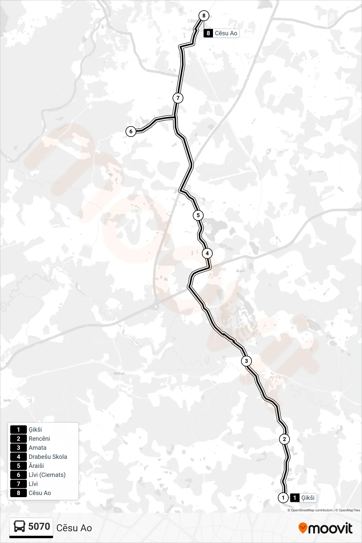 5070 bus Line (Cēsu Ao) route and stops on a map