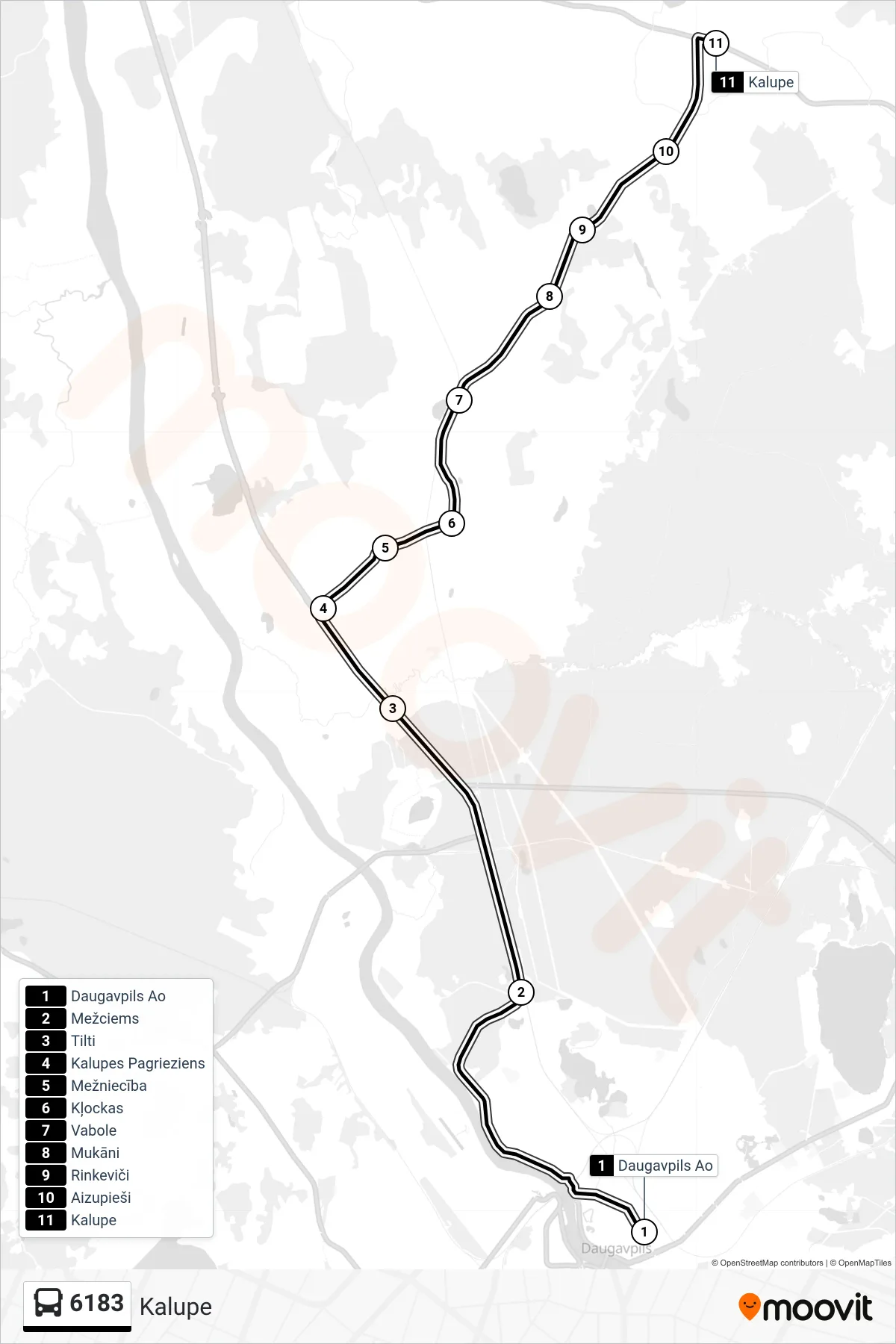 6183 bus Line (Kalupe) route and stops on a map