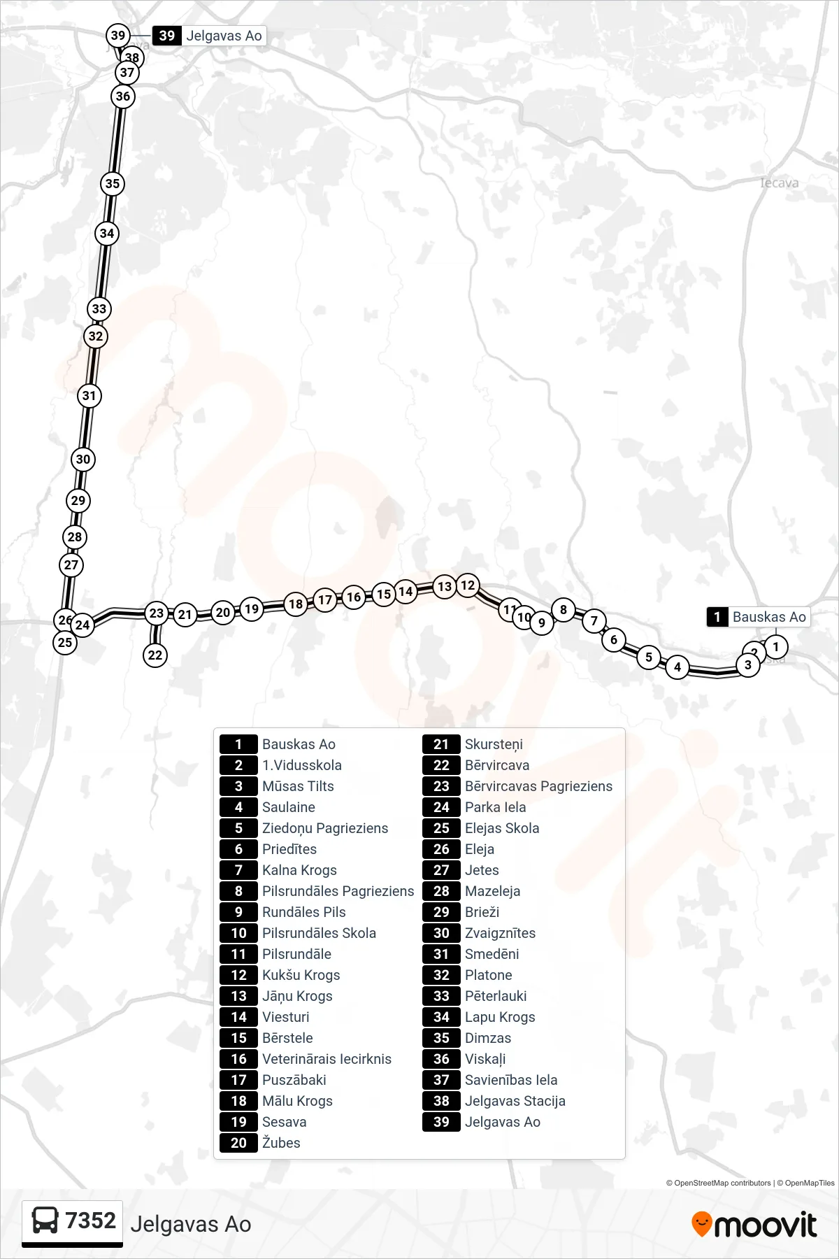 7352 bus Line (Jelgavas Ao) route and stops on a map