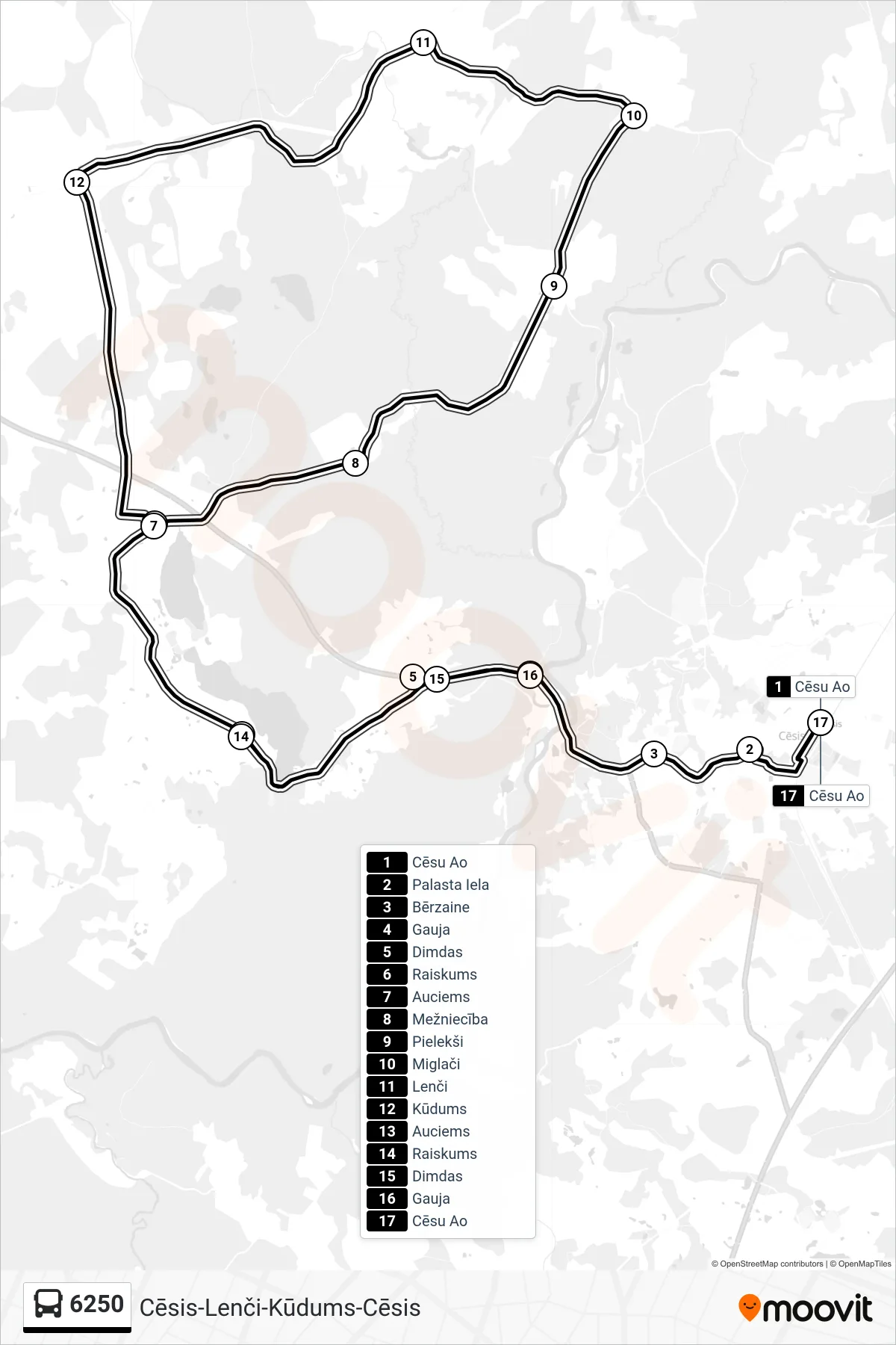 6250 bus Line (Cēsu Ao) route and stops on a map