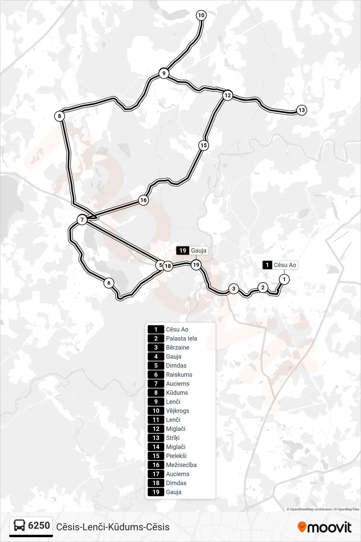 6250 bus Line (Cēsu Ao) route and stops on a map