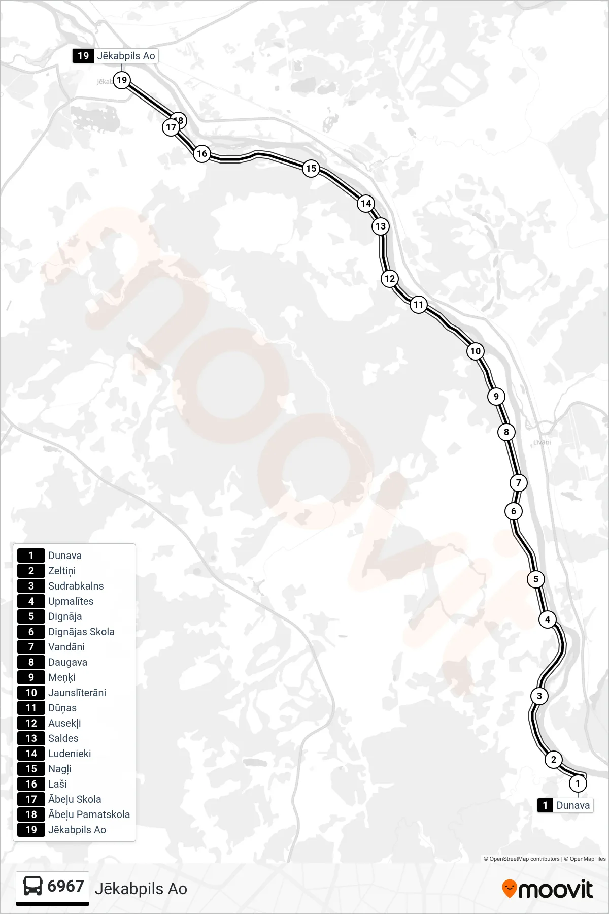 6967 bus Line (Jēkabpils Ao) route and stops on a map