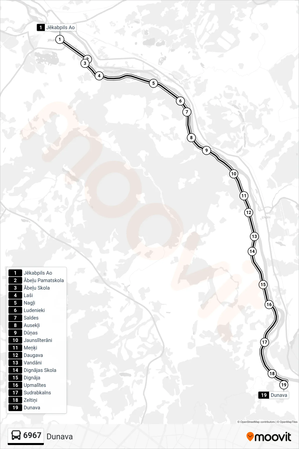6967 bus Line (Dunava) route and stops on a map