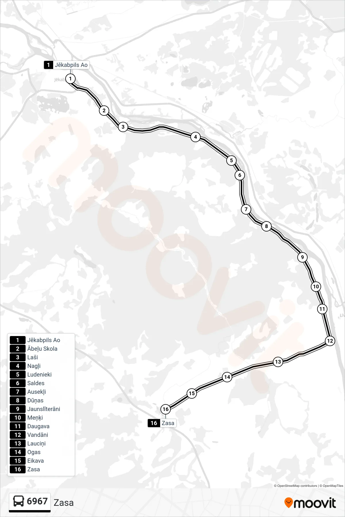 6967 bus Line (Zasa) route and stops on a map