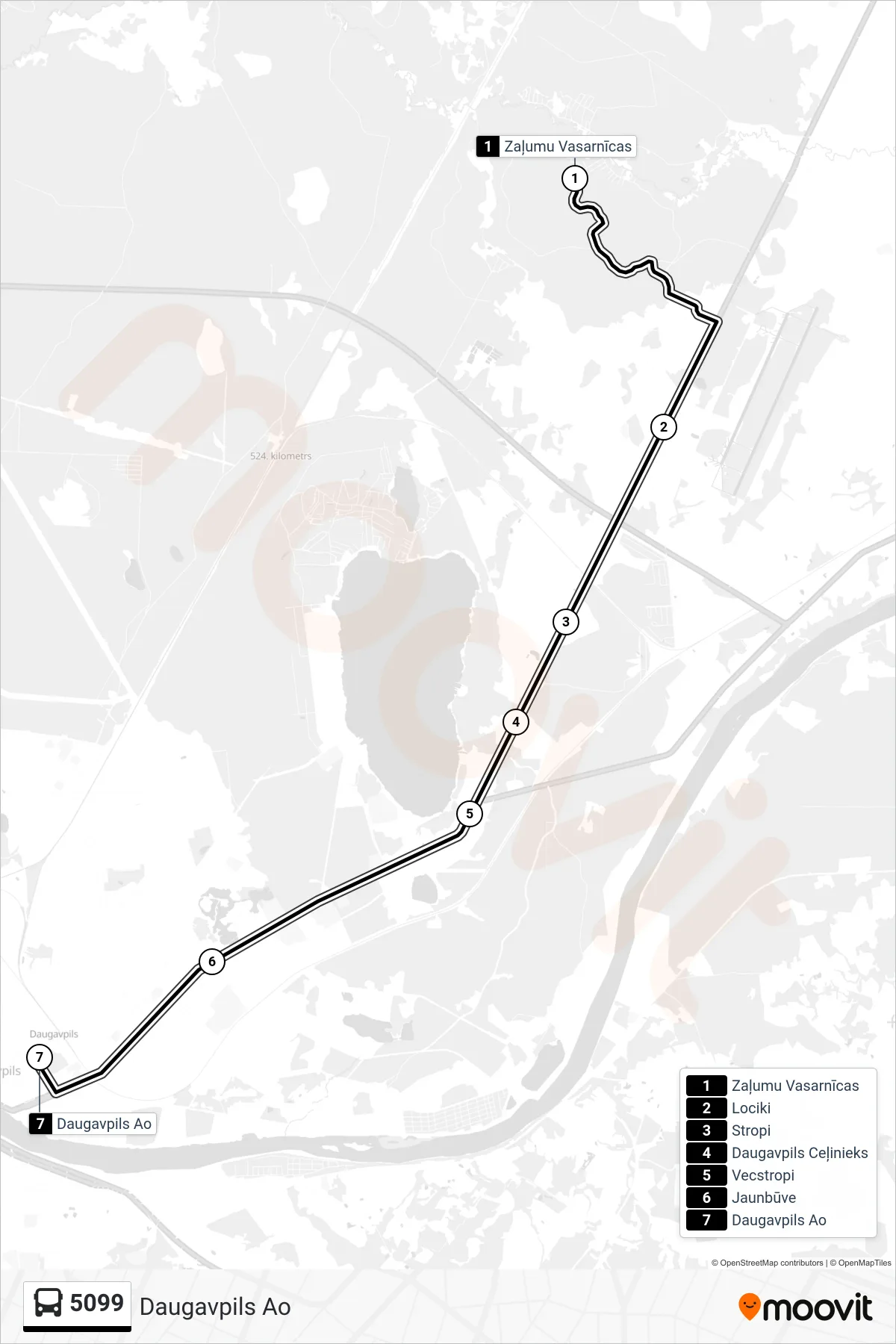 5099 bus Line (Daugavpils Ao) route and stops on a map