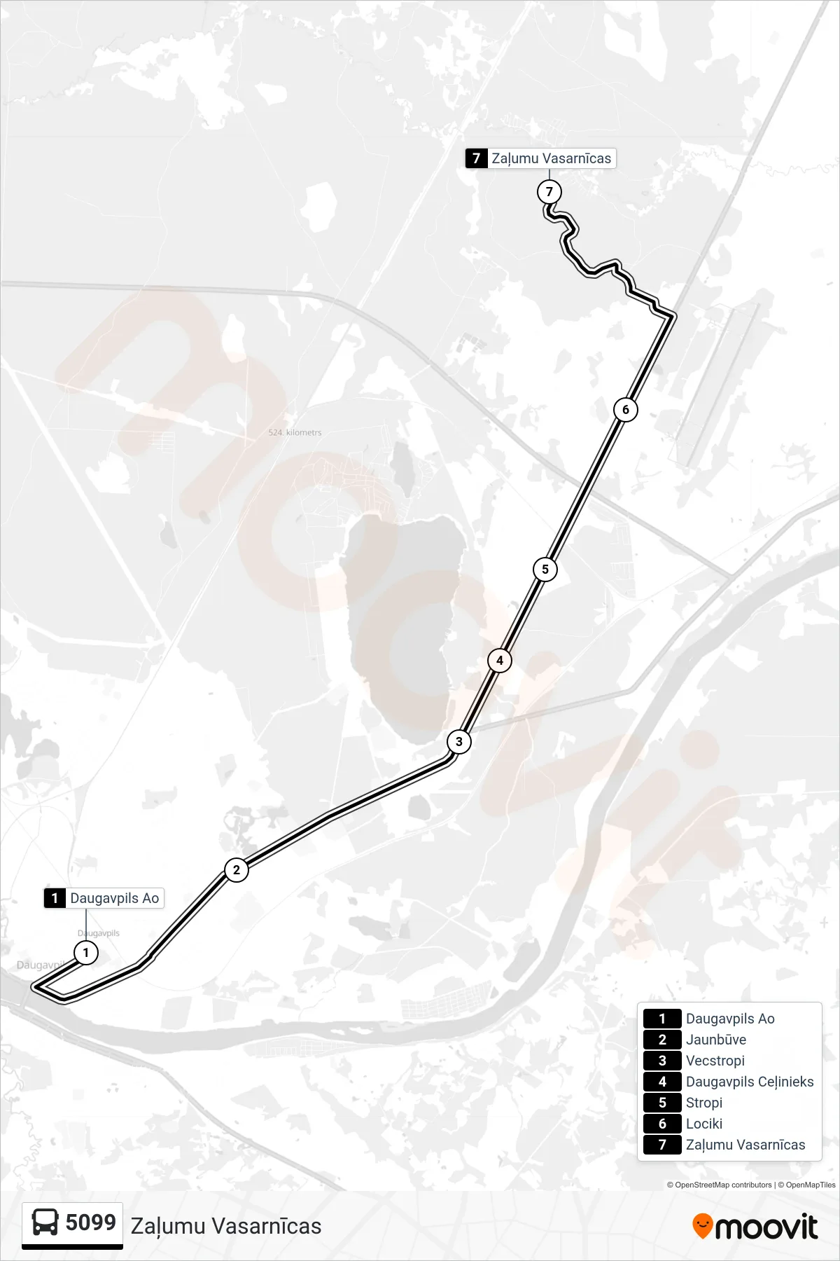 5099 bus Line (Zaļumu Vasarnīcas) route and stops on a map