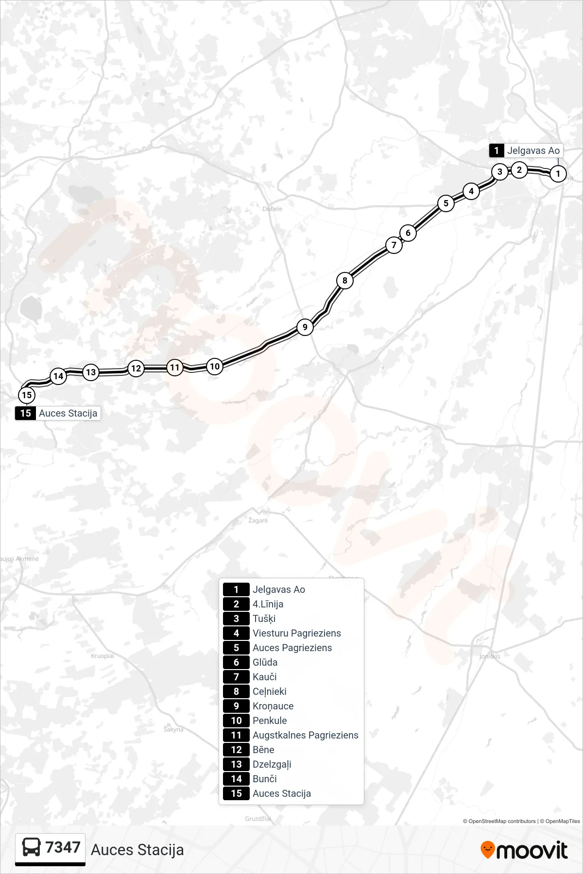 7347 bus Line (Auces Stacija) route and stops on a map