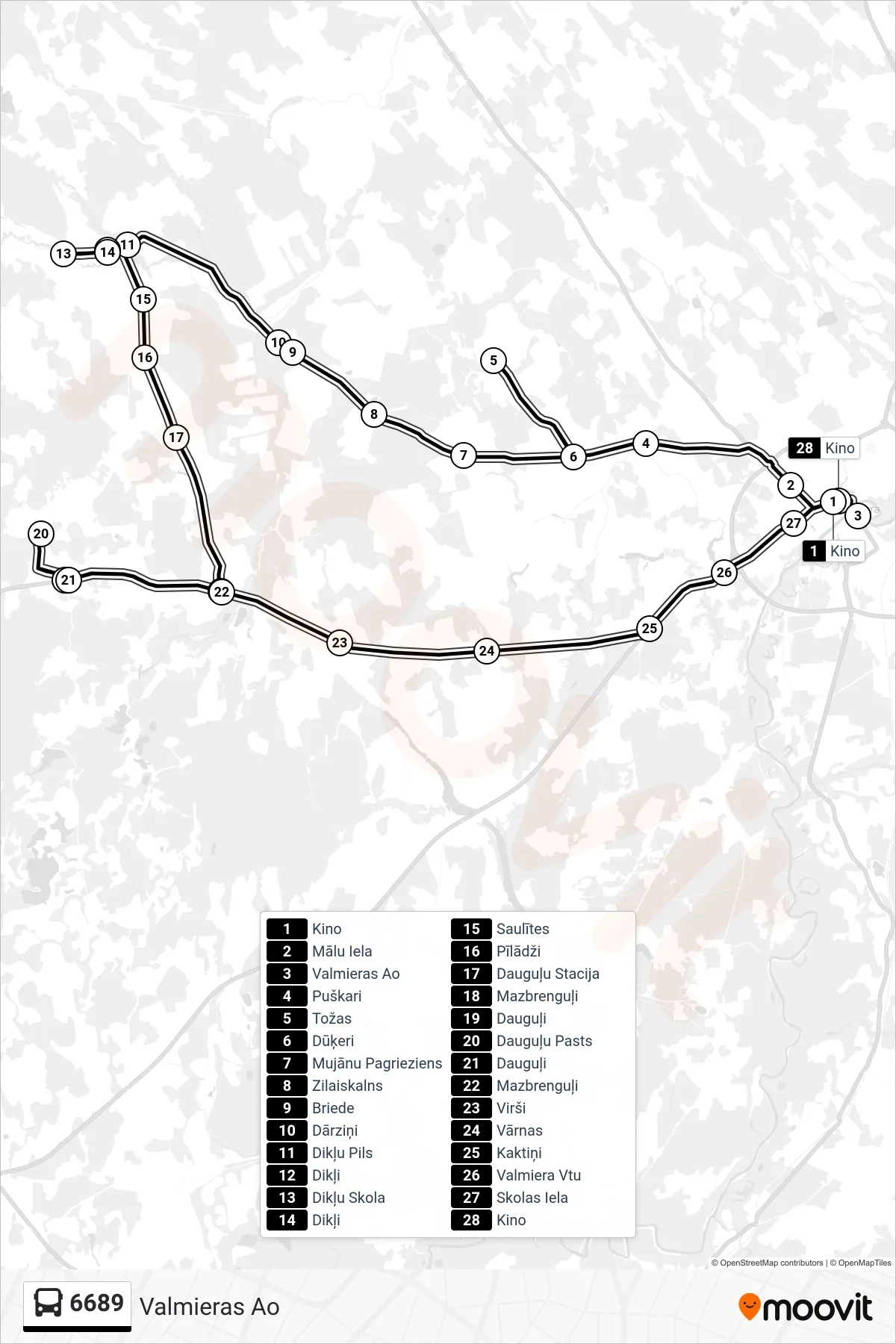 6689 bus Line (Valmieras Ao) route and stops on a map