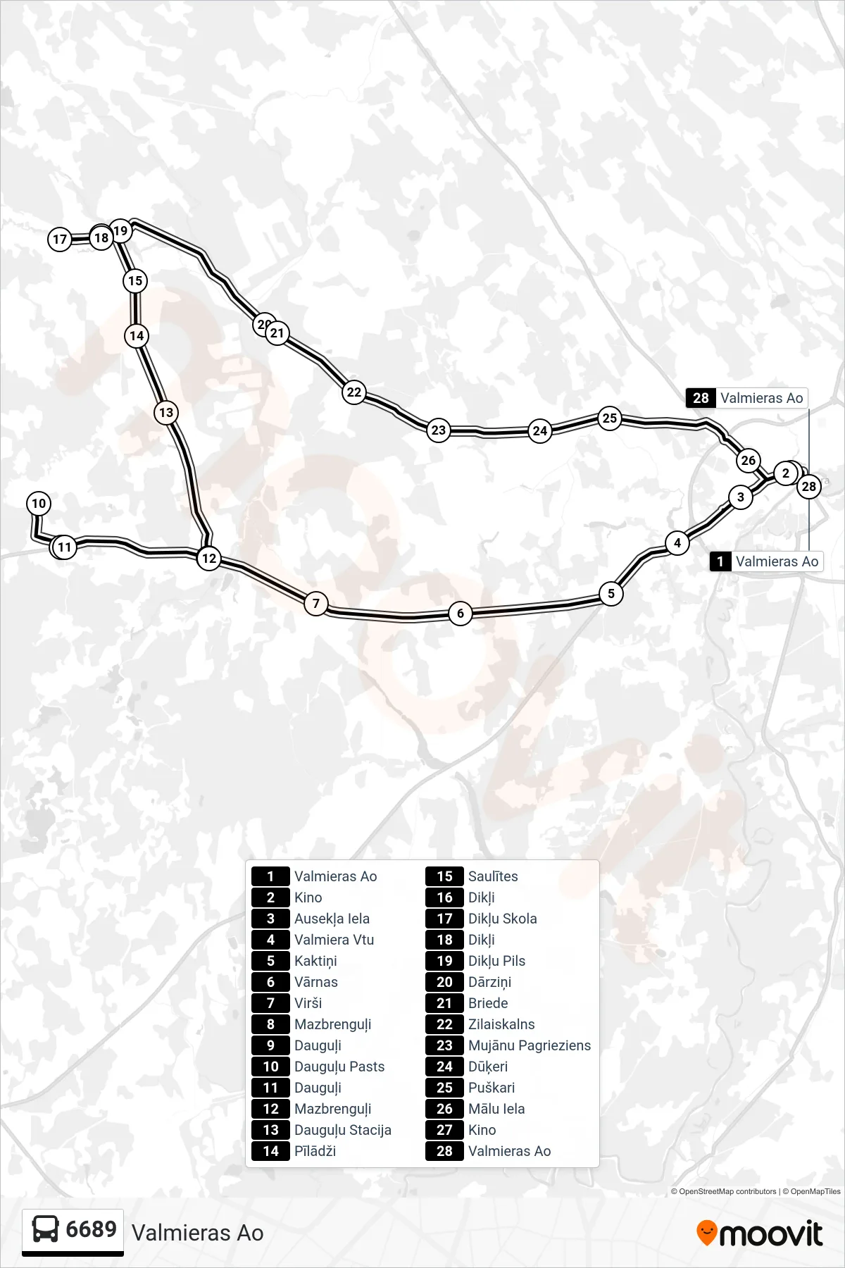 6689 bus Line (Valmieras Ao) route and stops on a map