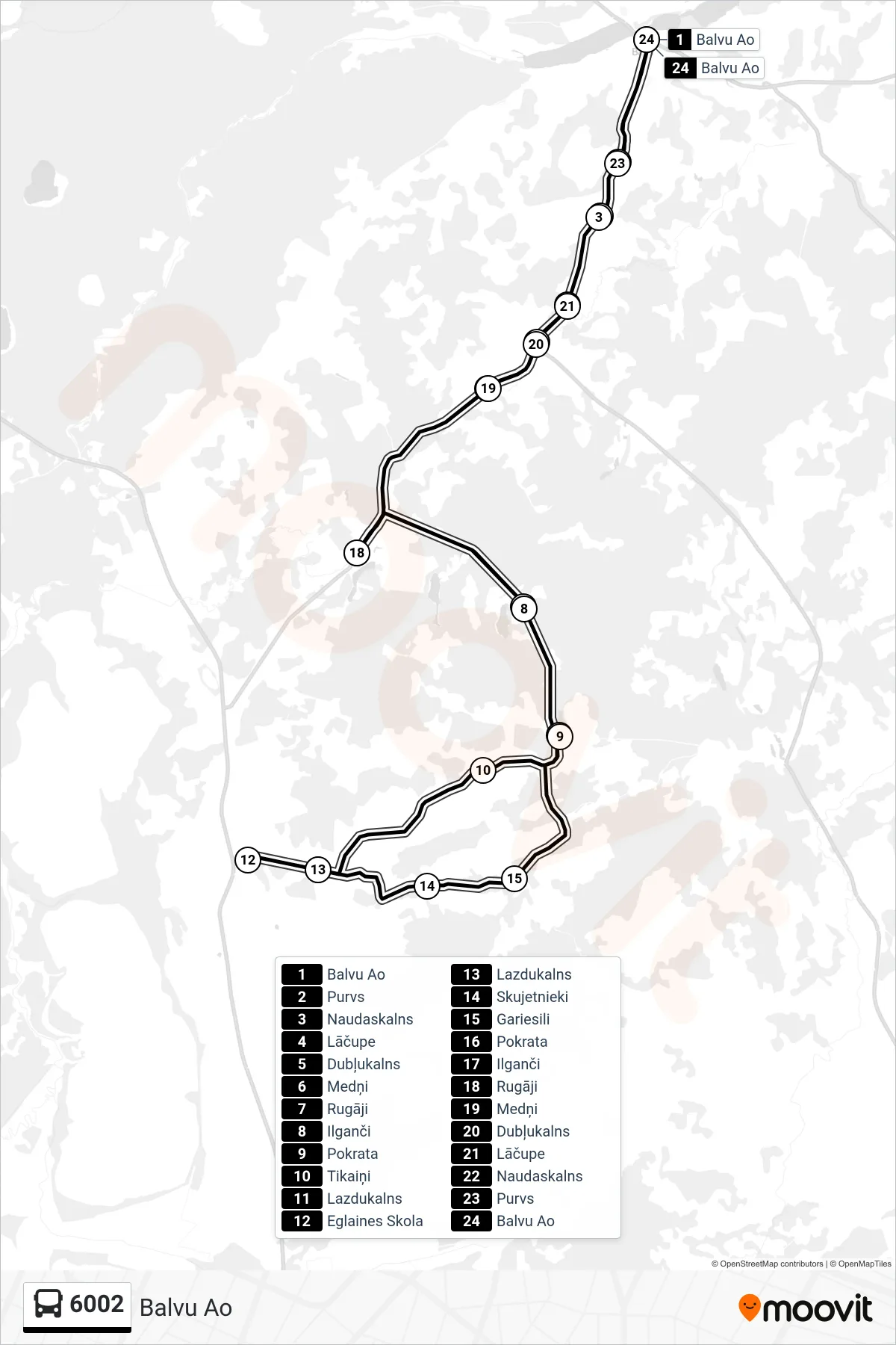 6002 bus Line (Balvu Ao) route and stops on a map