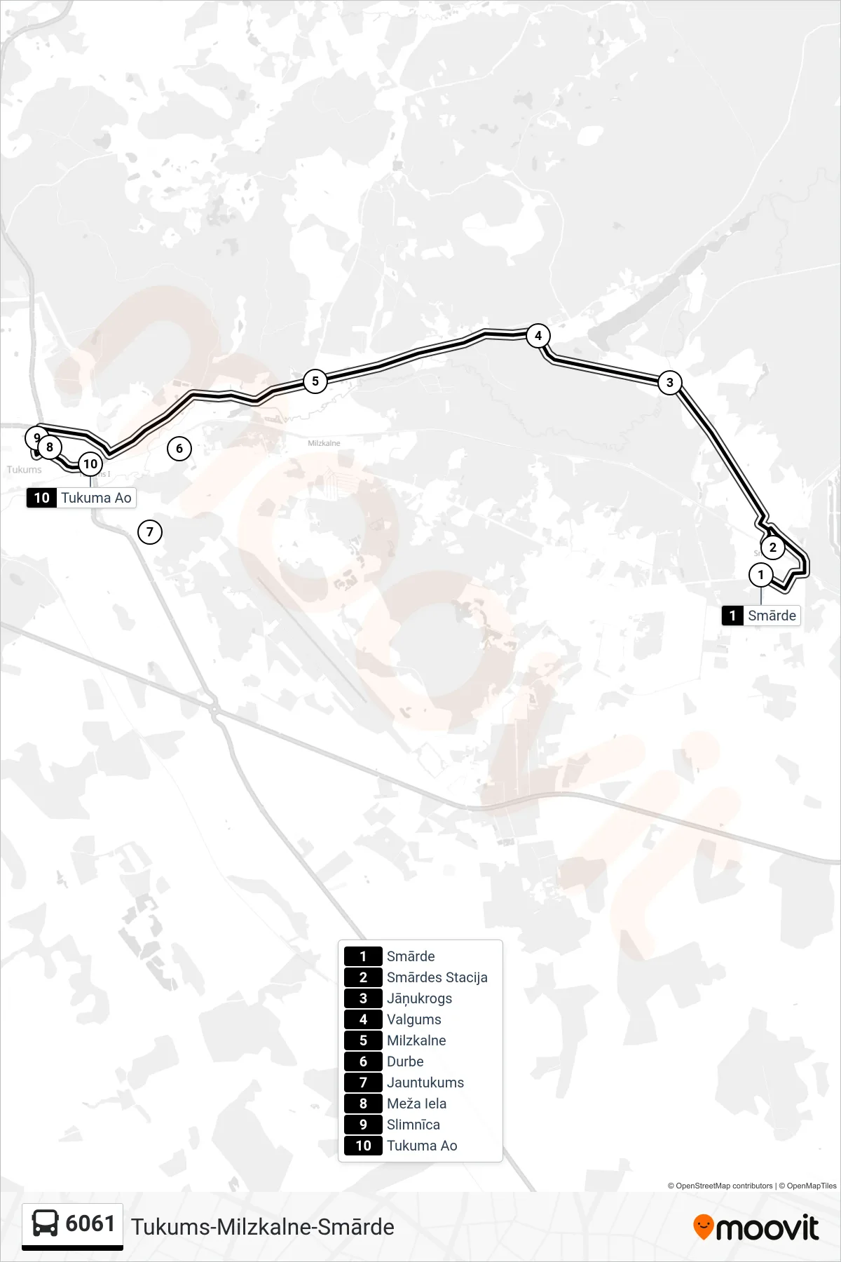 6061 bus Line (Tukuma Ao) route and stops on a map