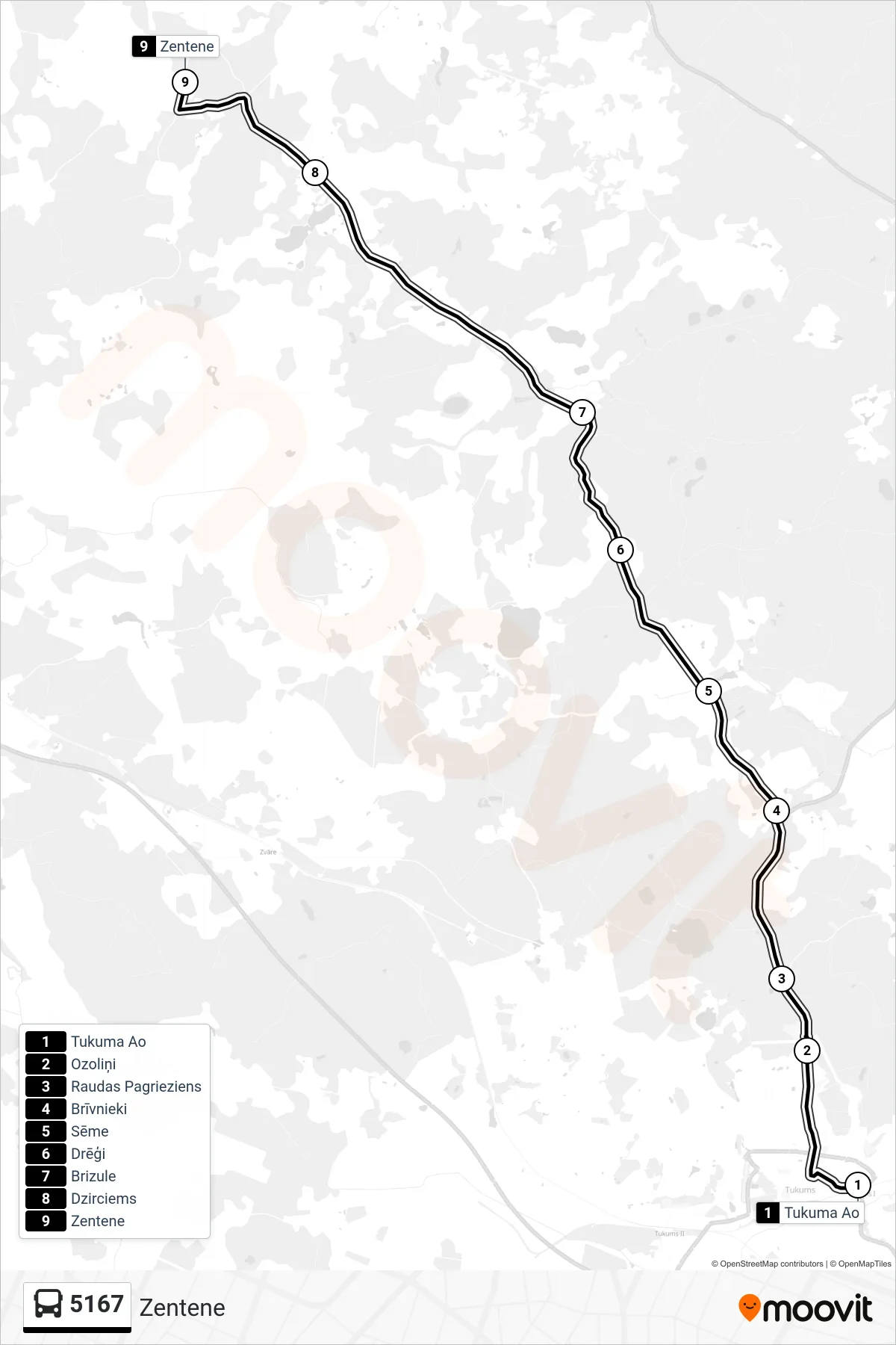 5167 bus Line (Zentene) route and stops on a map
