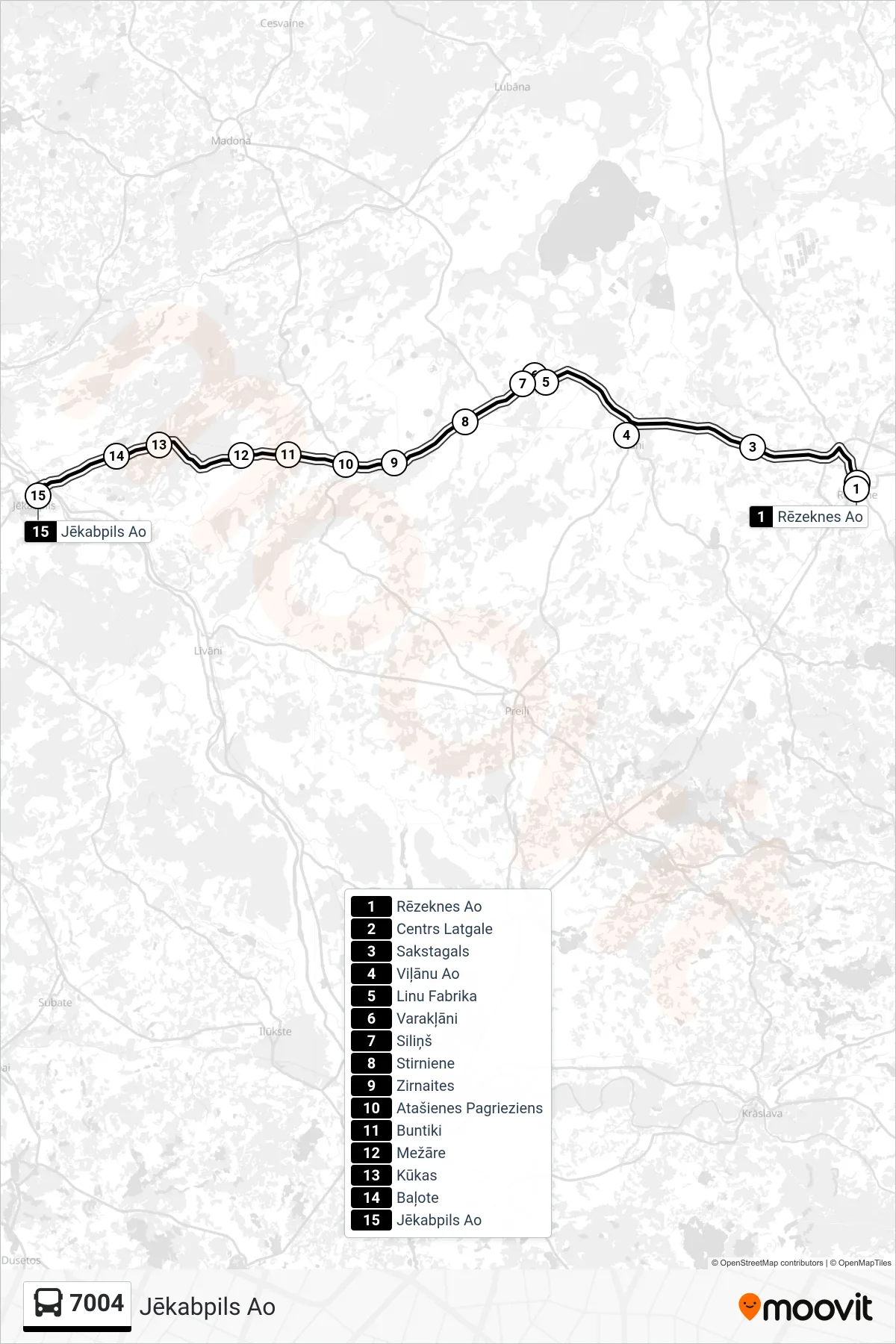 7004 bus Line (Jēkabpils Ao) route and stops on a map