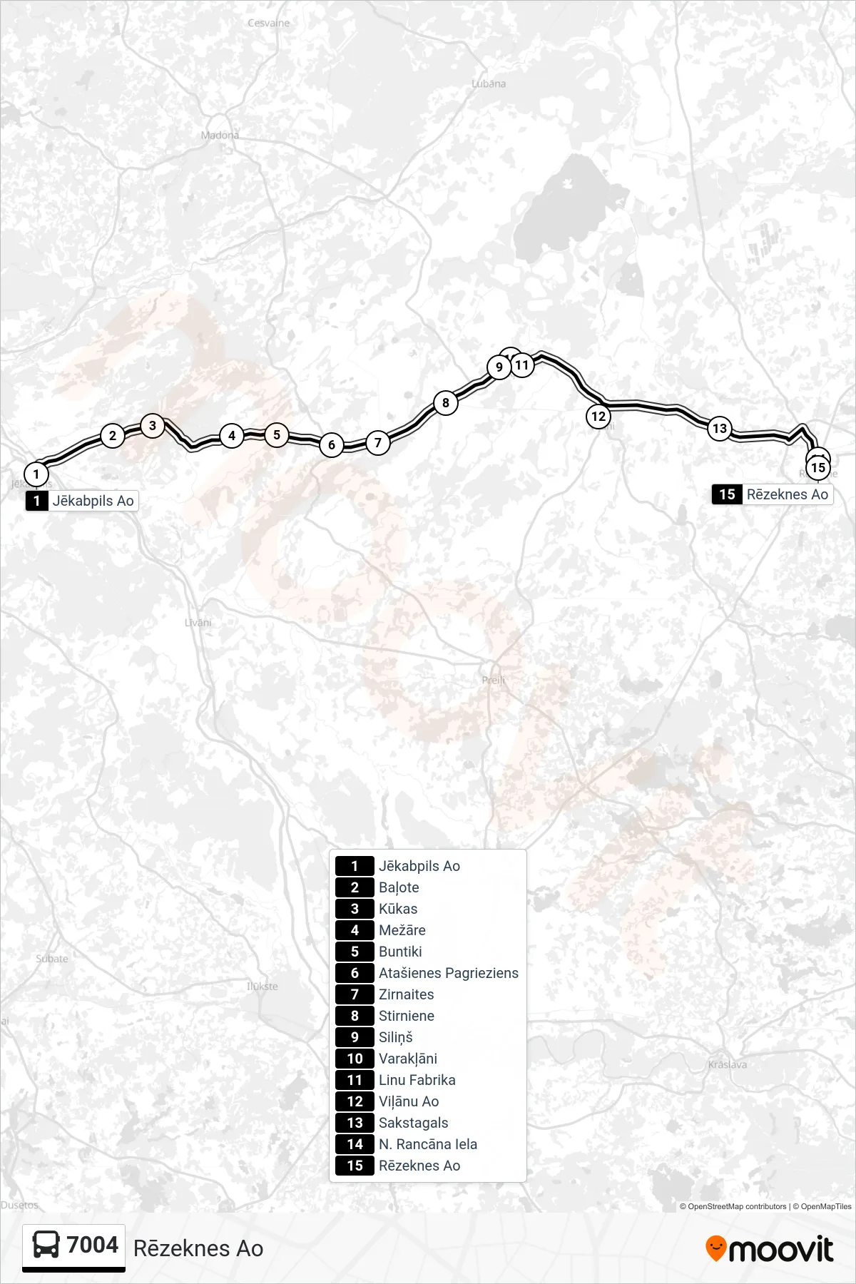 7004 bus Line (Rēzeknes Ao) route and stops on a map