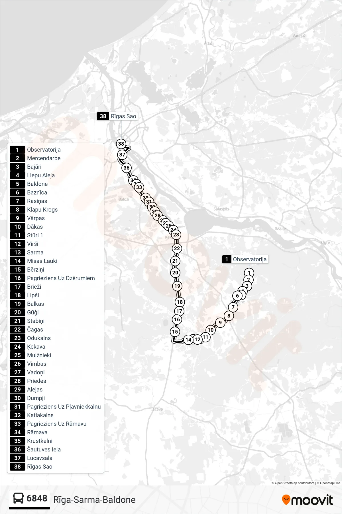 6848 bus Line (Rīgas Sao) route and stops on a map