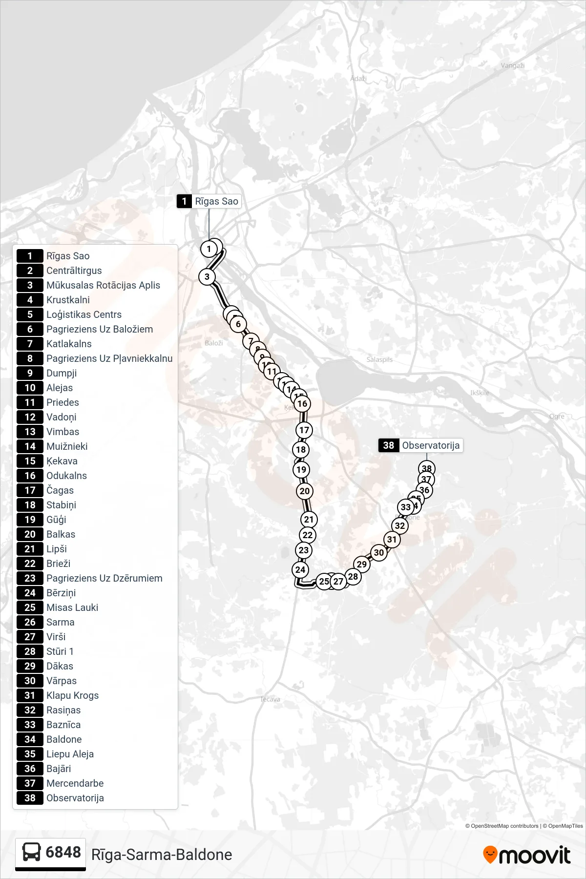 6848 bus Line (Observatorija) route and stops on a map