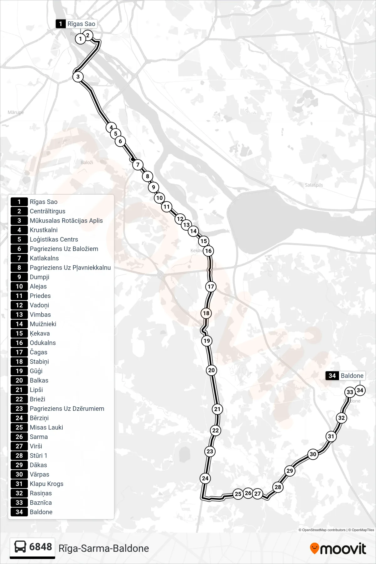 6848 bus Line (Baldone) route and stops on a map