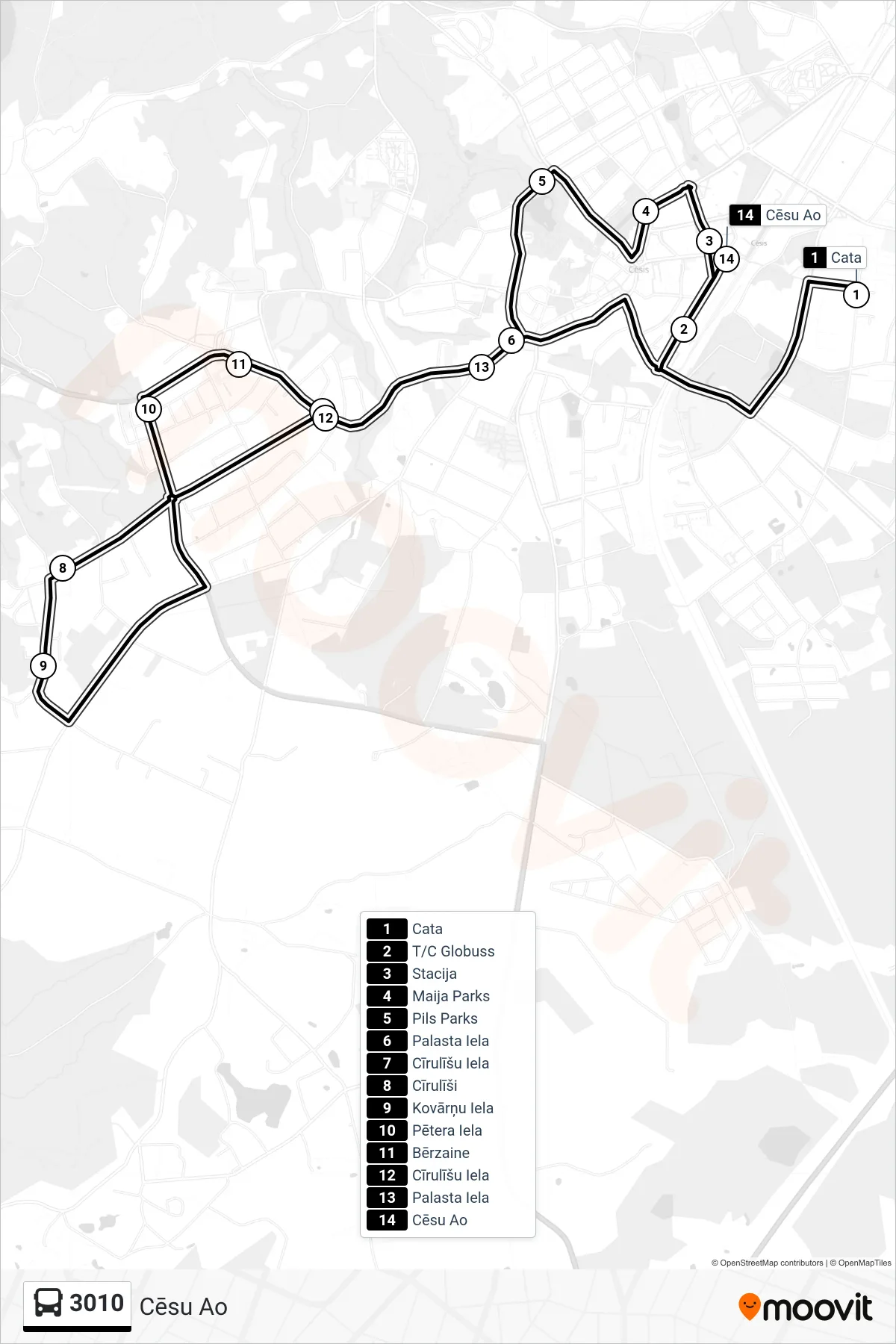 3010 bus Line (Cēsu Ao) route and stops on a map