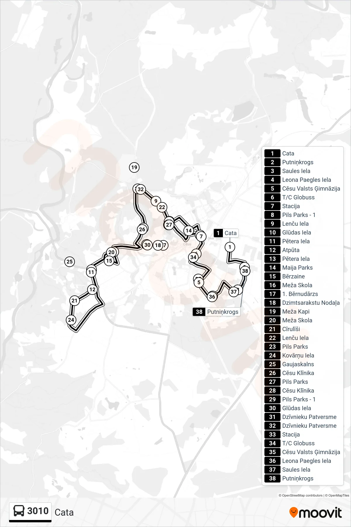 3010 bus Line (Cata) route and stops on a map