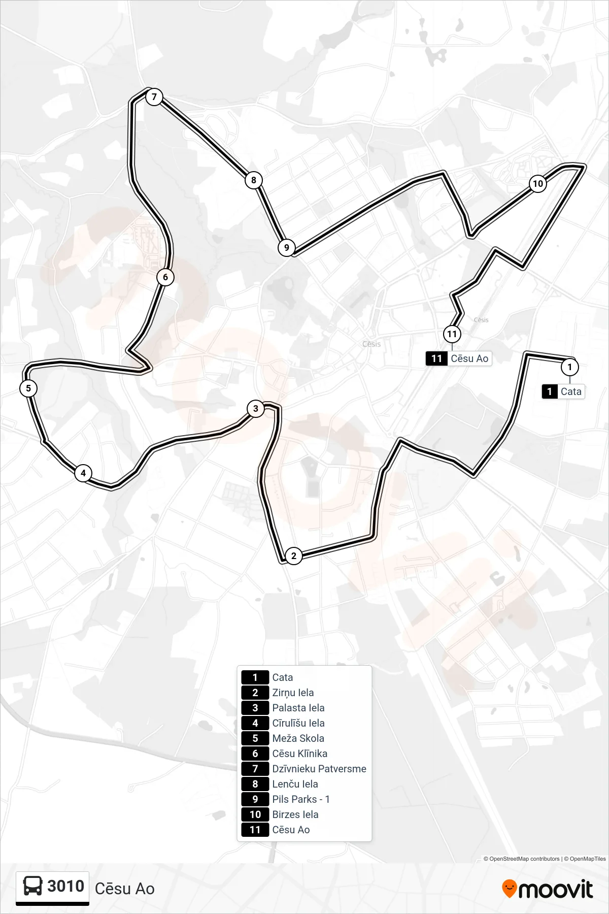 3010 bus Line (Cēsu Ao) route and stops on a map