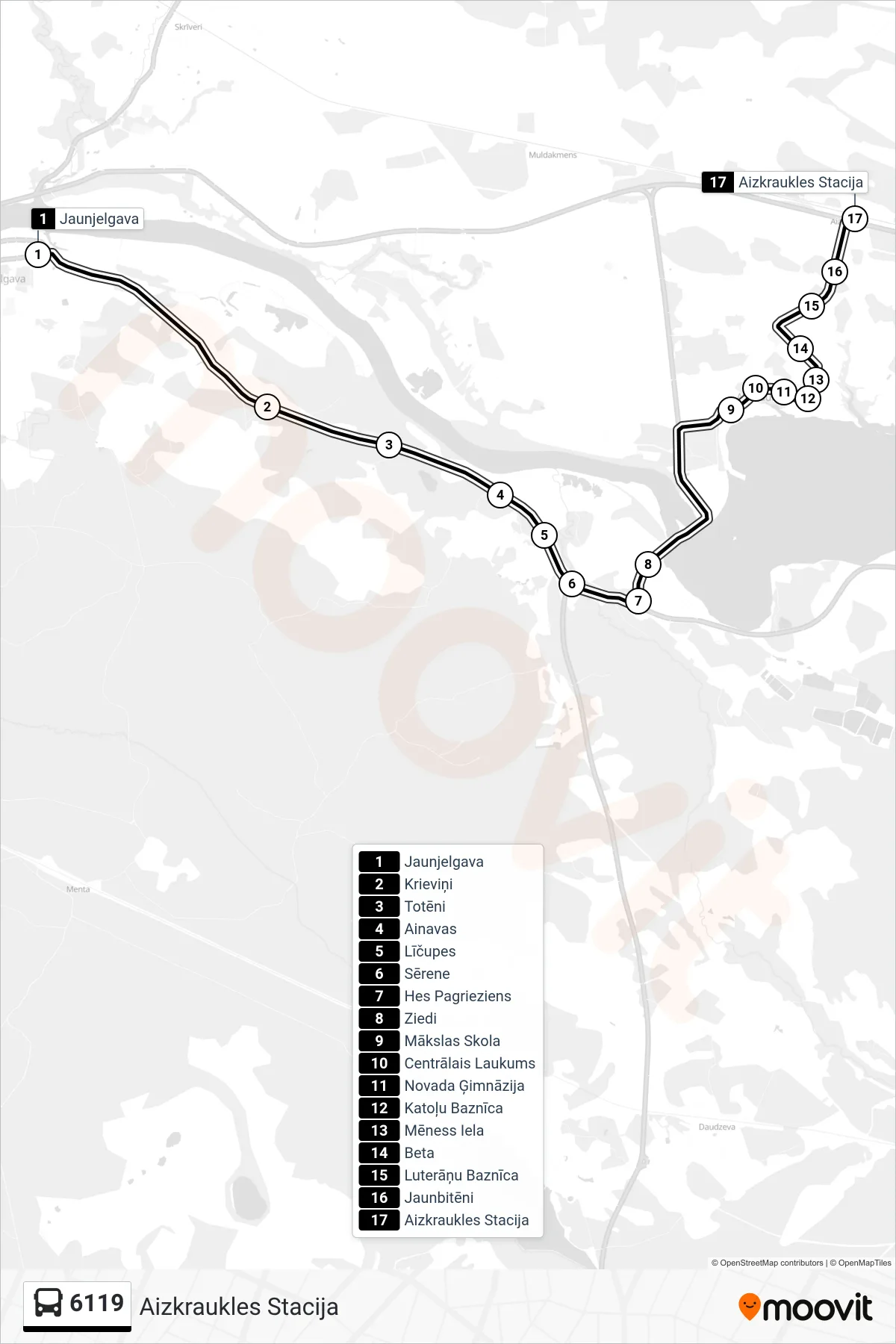 6119 bus Line (Aizkraukles Stacija) route and stops on a map