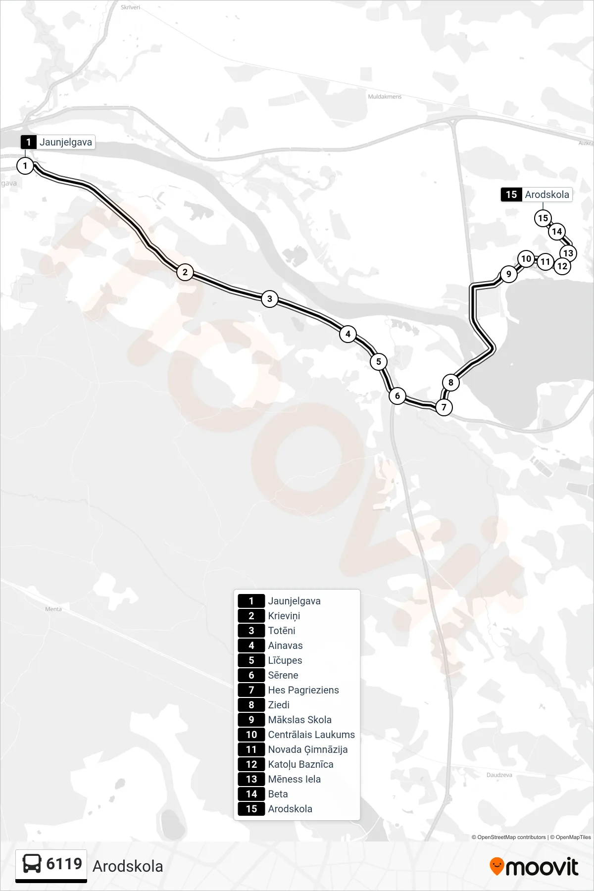 6119 bus Line (Arodskola) route and stops on a map