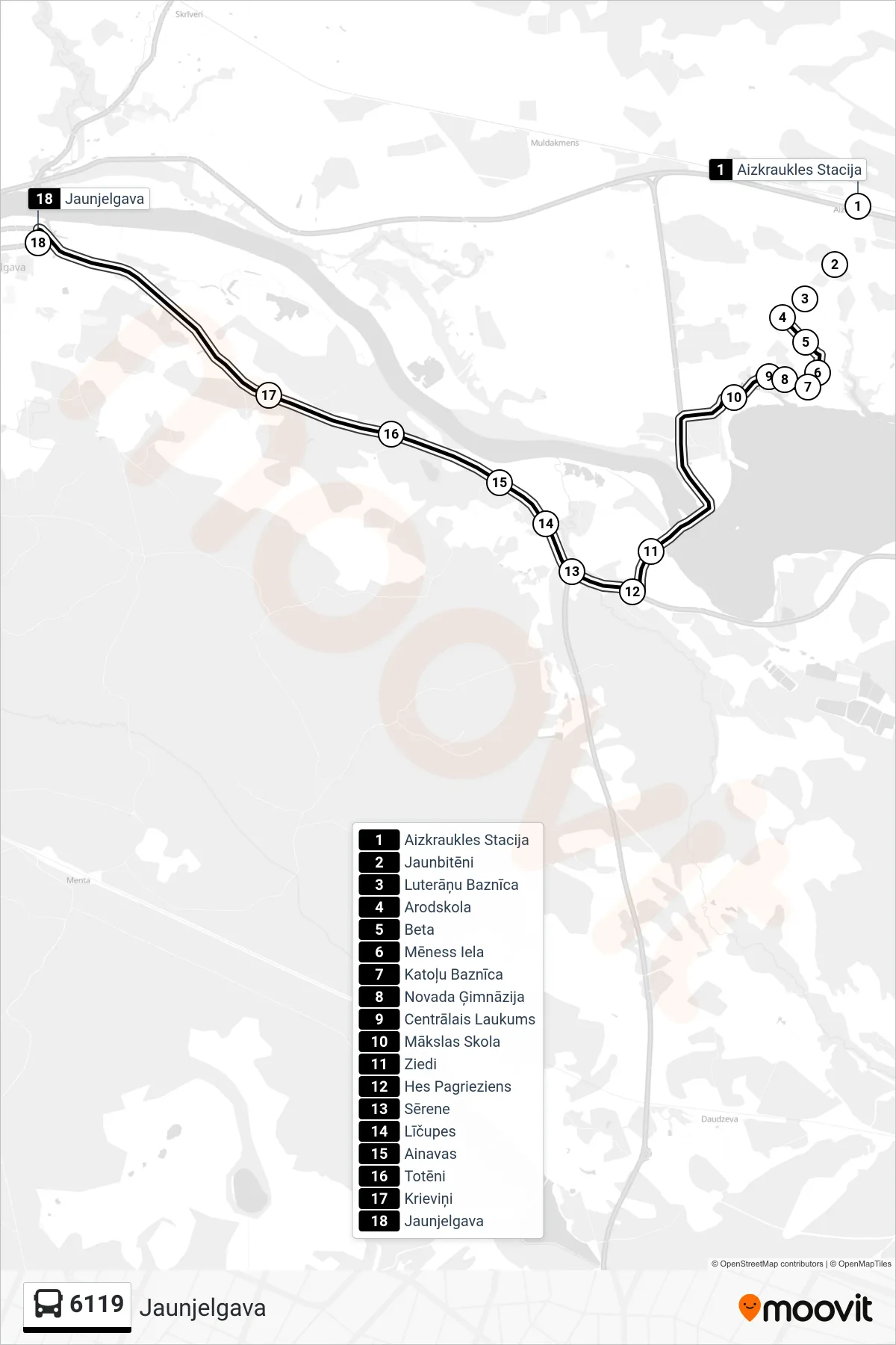 6119 bus Line (Jaunjelgava) route and stops on a map