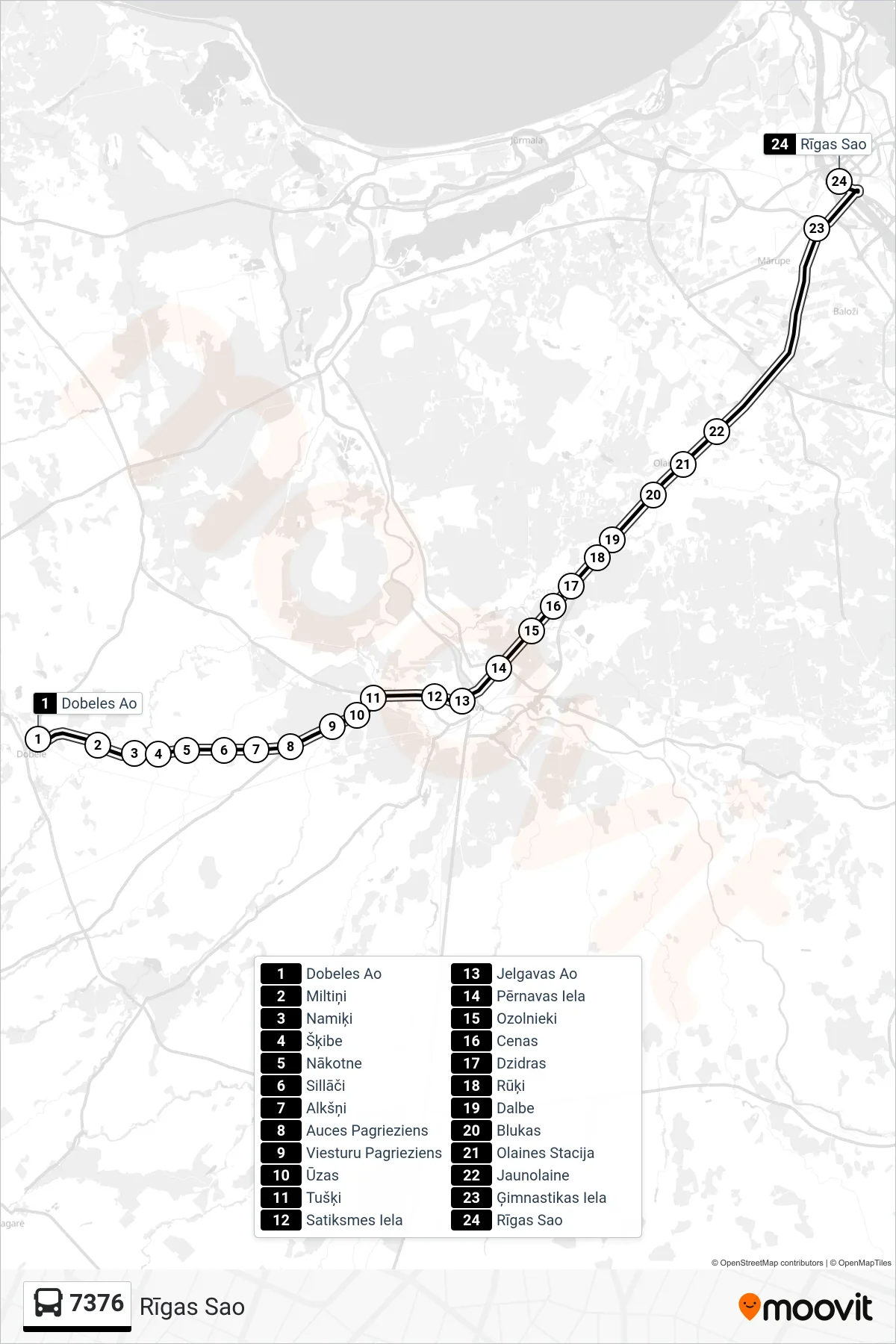 7376 bus Line (Rīgas Sao) route and stops on a map
