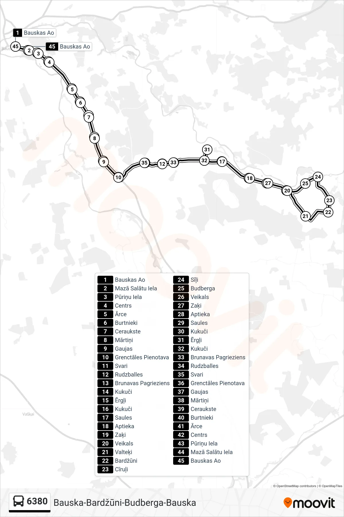 6380 bus Line (Bauskas Ao) route and stops on a map