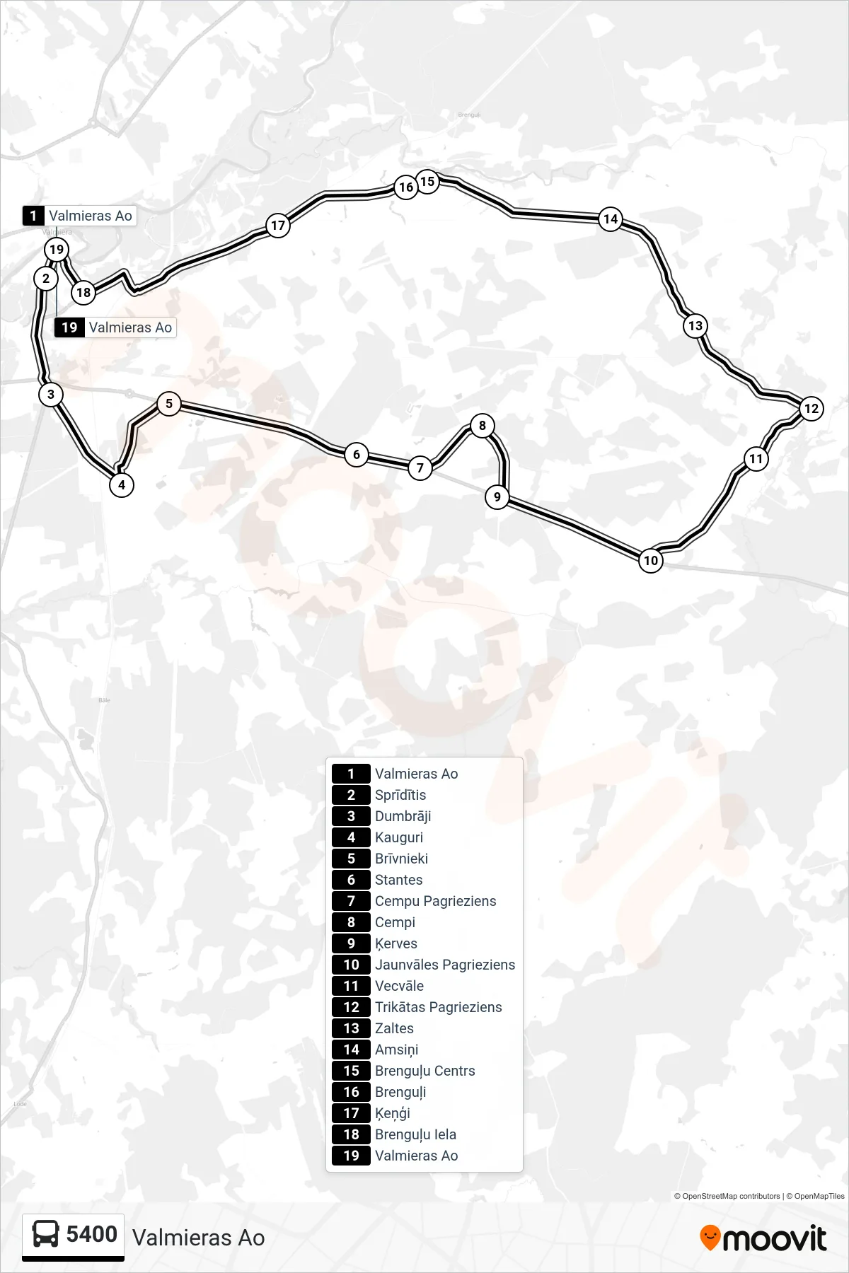 5400 bus Line (Valmieras Ao) route and stops on a map
